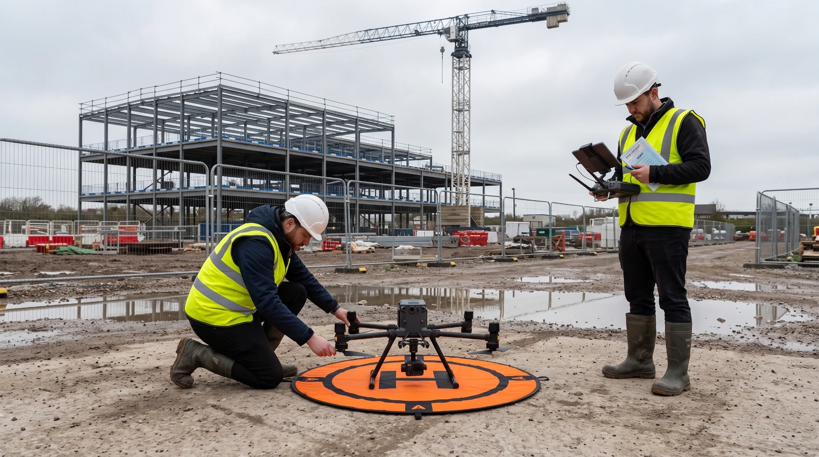 Drone pilots on a construction site preparing a multirotor drone for a survey flight