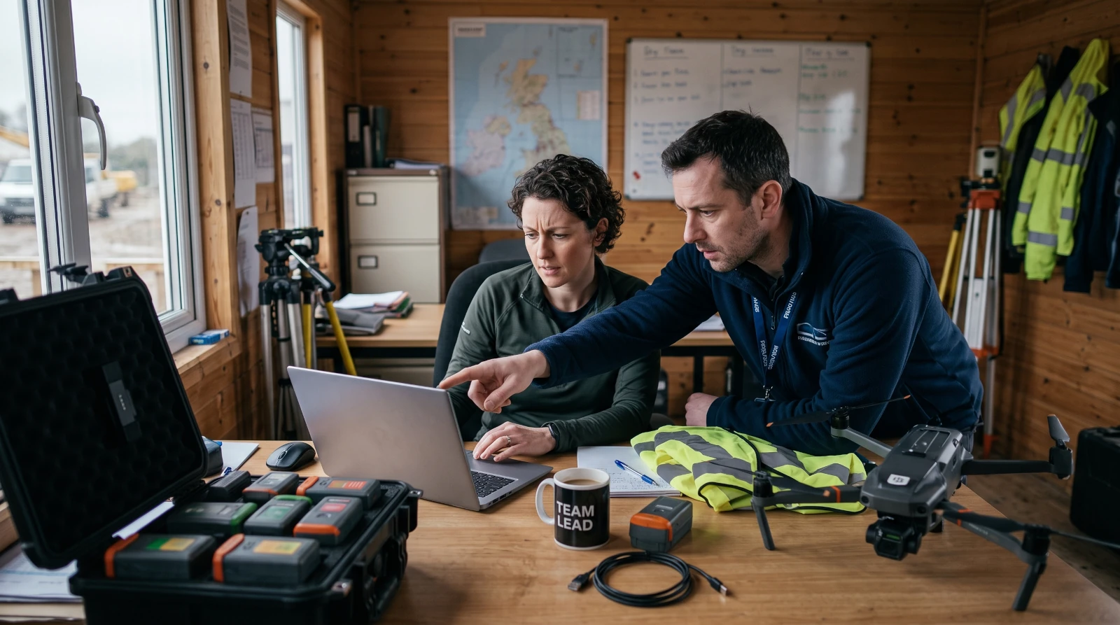 A drone team lead reviewing flight logs and maintenance records on a laptop beside a case of drone batteries