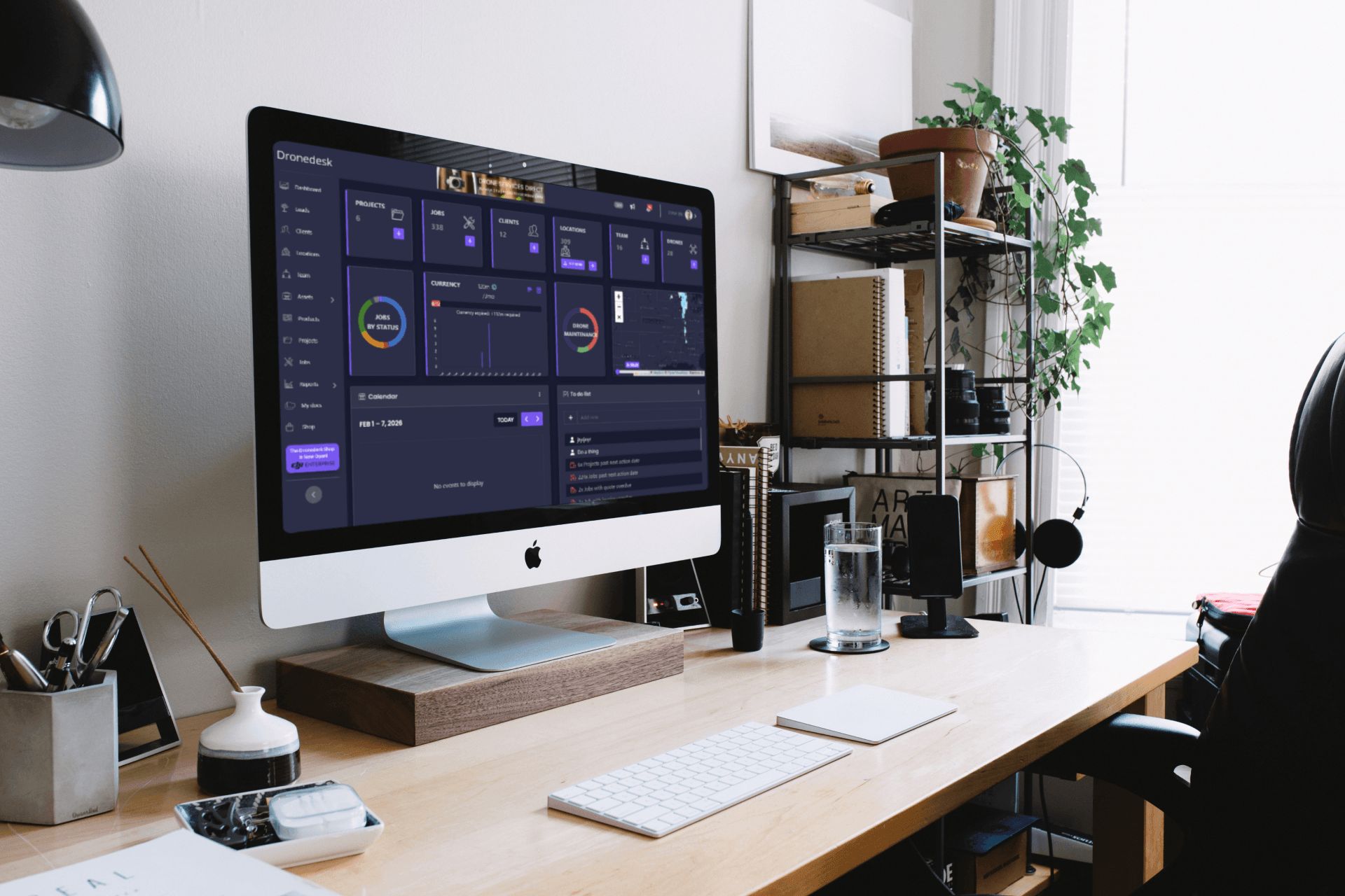 Dronedesk operations management dashboard showing flight scheduling, equipment tracking, and client management