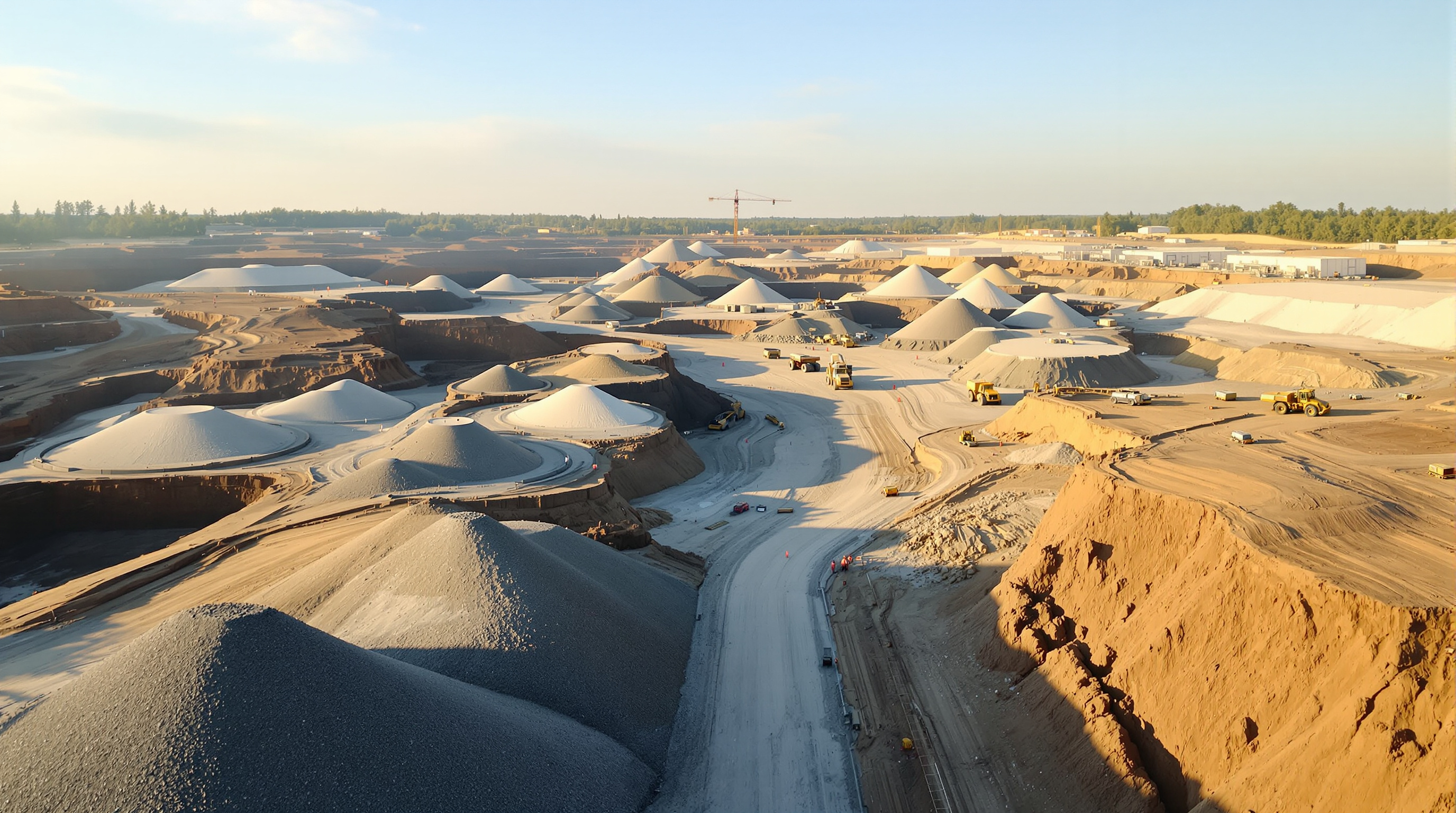 Drone mapping earthworks construction site with stockpiles and excavation equipment