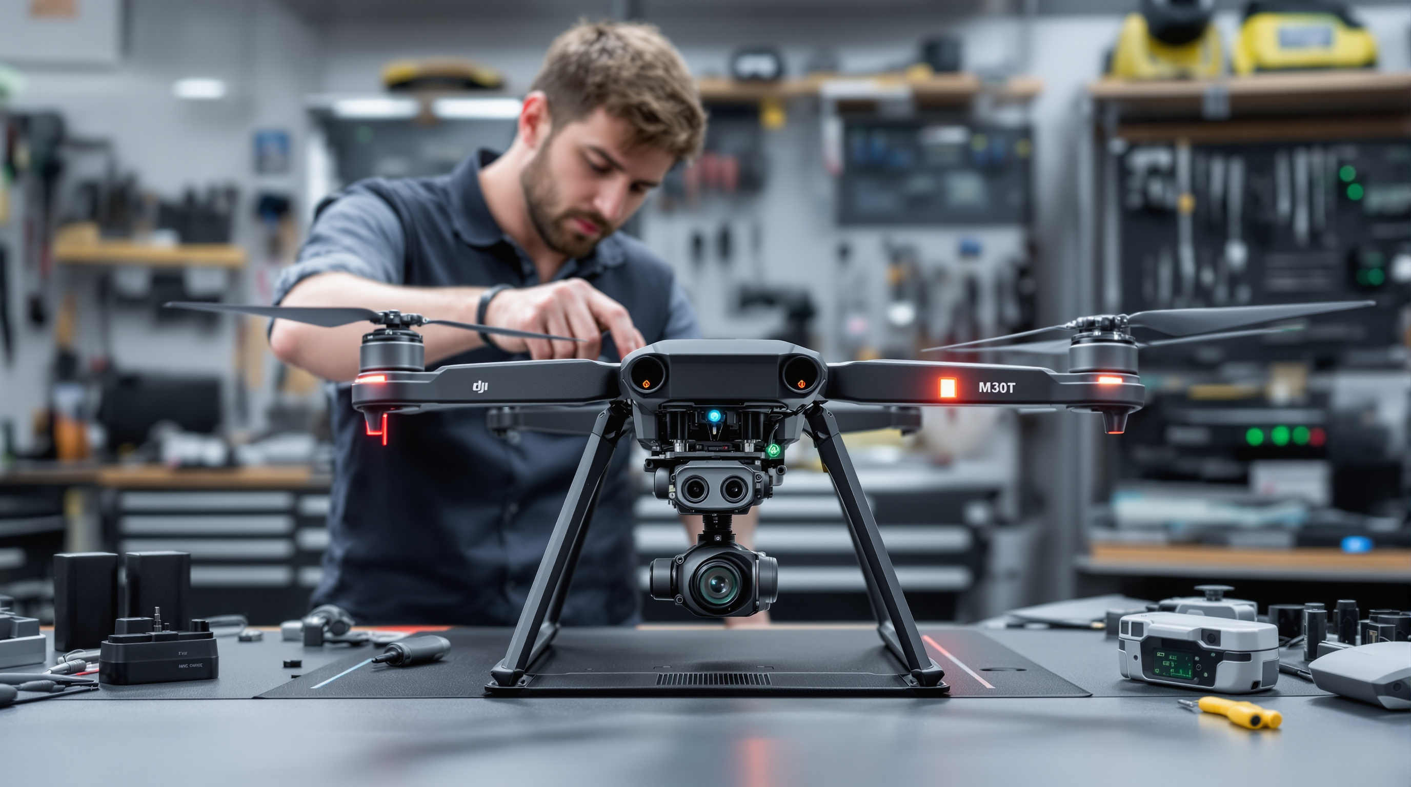 Professional drone technician performing maintenance on DJI M30T enterprise drone