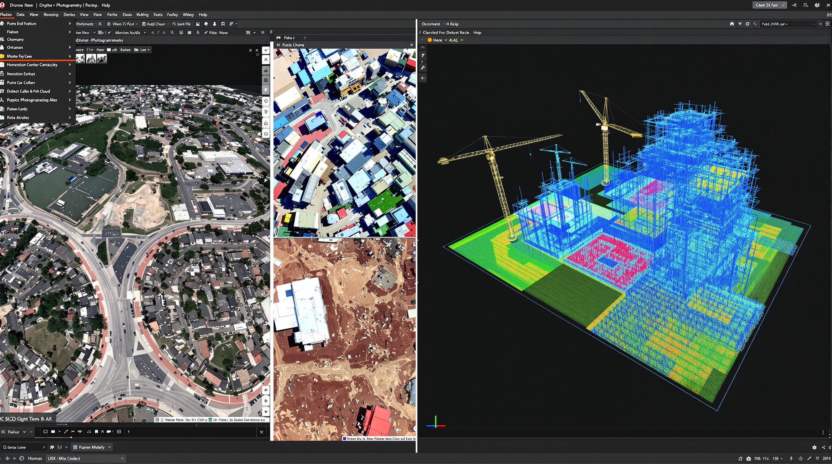 Drone photogrammetry outputs showing orthomosaic, point cloud, and 3D model of construction site