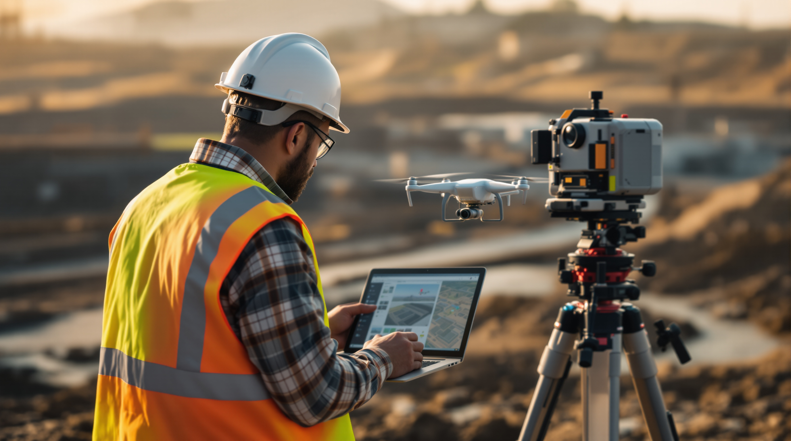 Professional surveyor using Pix4D software with RTK drone at construction survey site