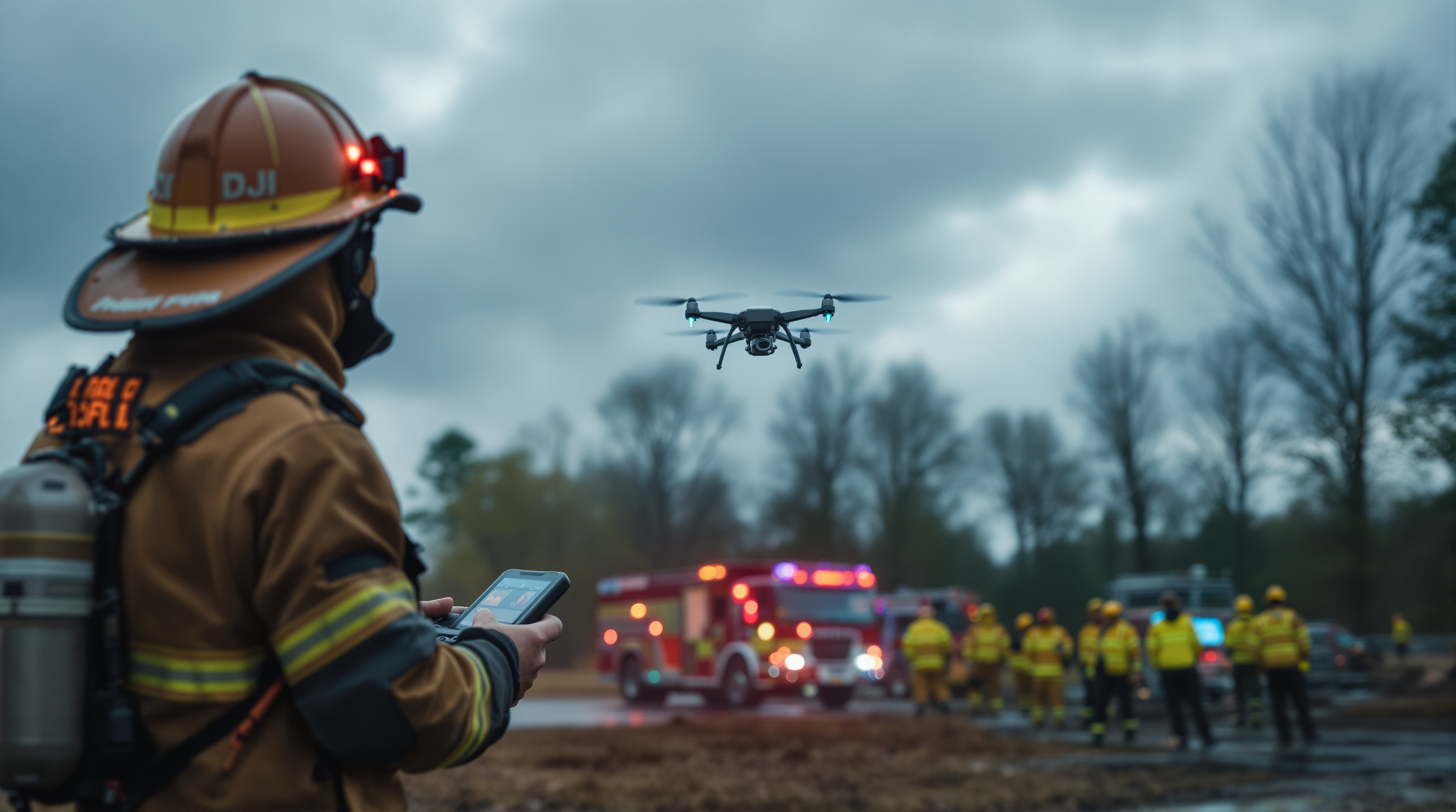 Public safety fire department drone team with DJI M30T coordinating operations