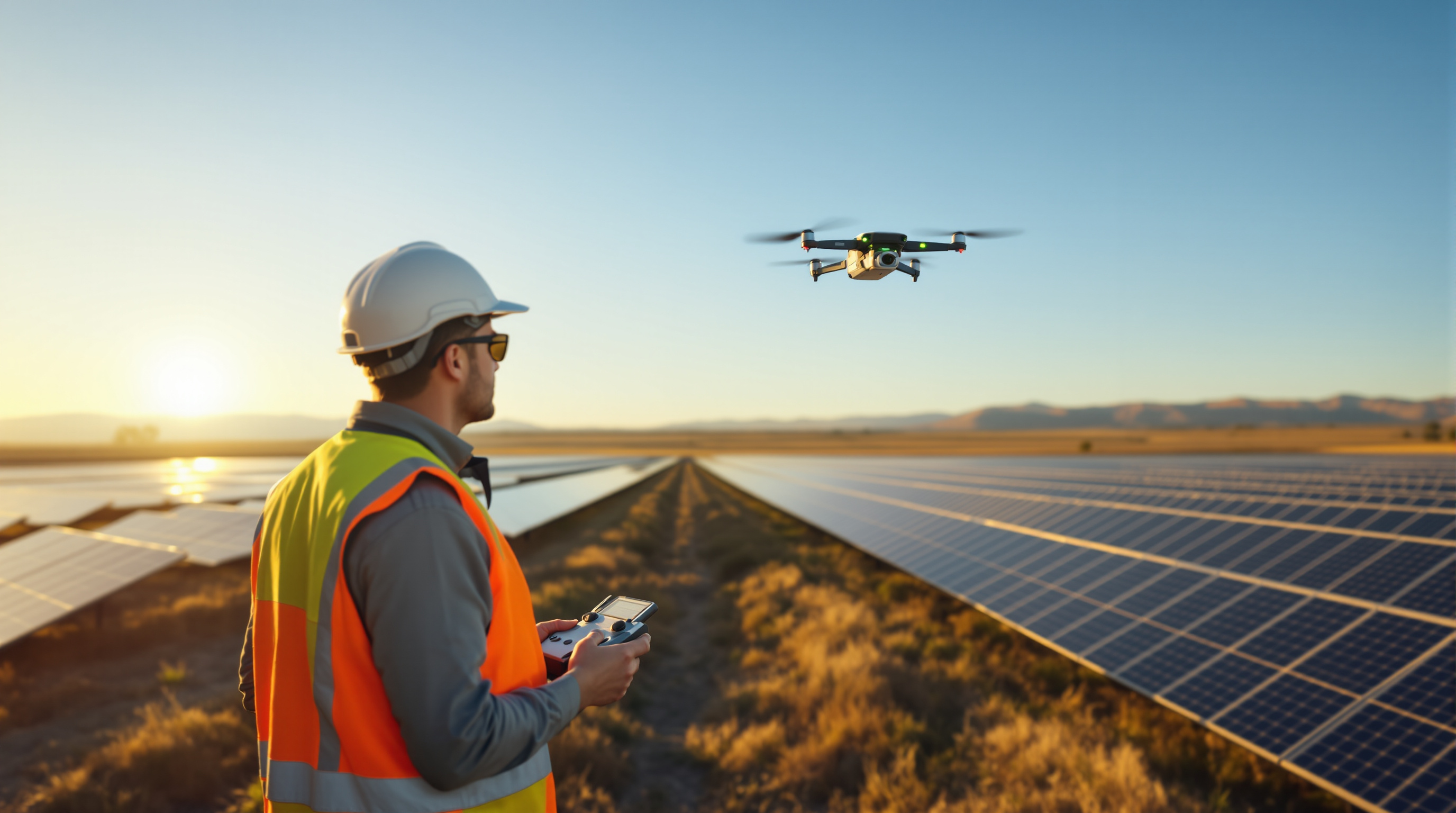 Professional drone pilot operating DJI Mavic 3 Multispectral at solar farm inspection