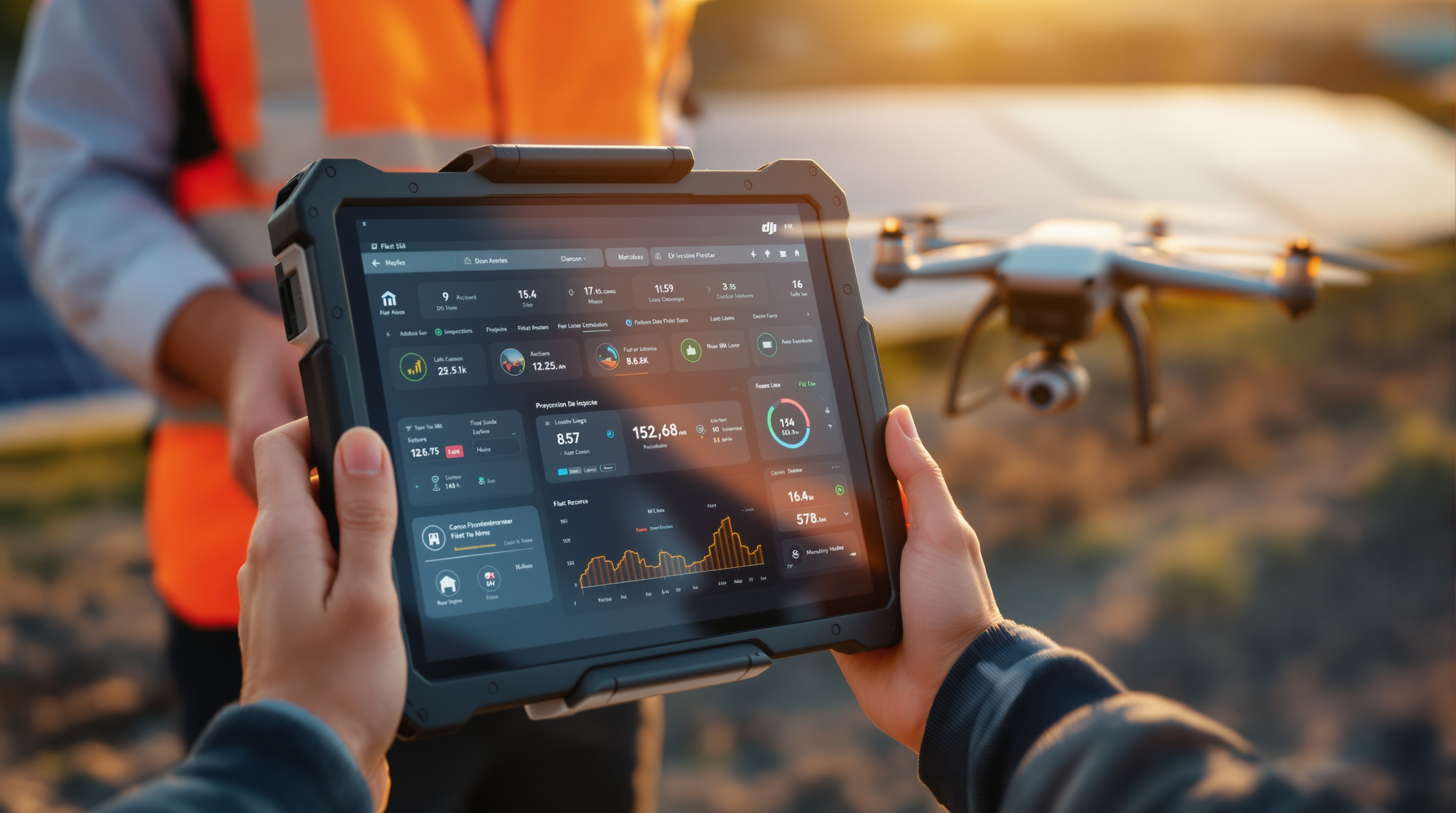 Drone pilot using fleet management dashboard on tablet with DJI Matrice 350 RTK at solar farm