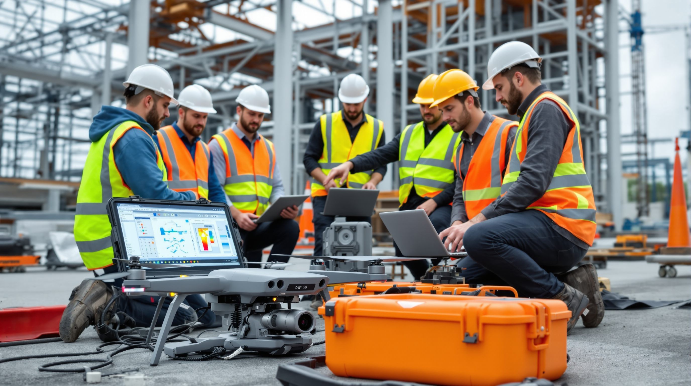 Team of professional drone pilots training with DJI Matrice 350 RTK at construction site