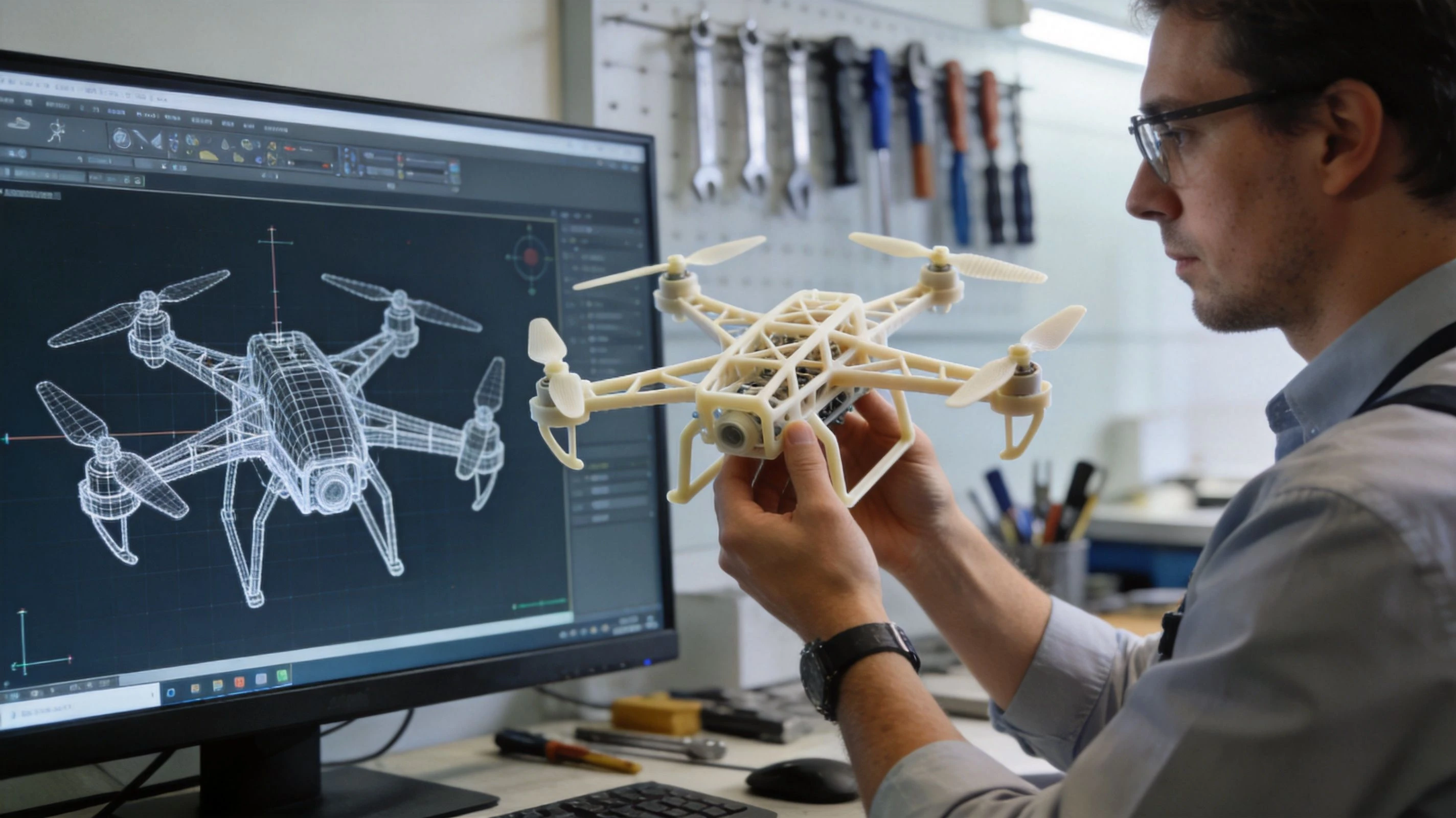 A professional engineer examines a 3D printed drone model while comparing it to computer-aided design software.