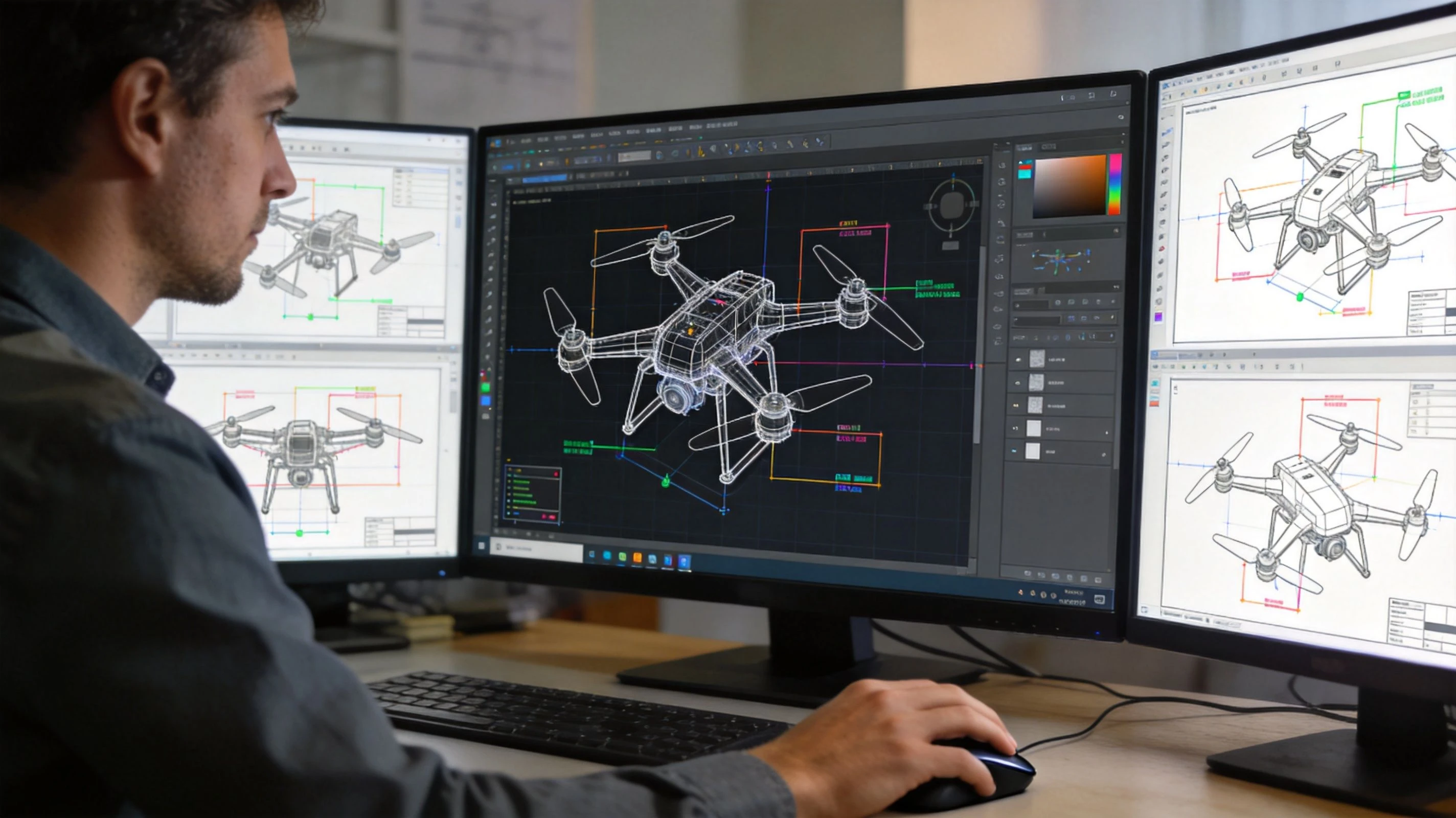 A professional drone engineer designing 3D printed drone plans on multiple computer screens in a workspace.