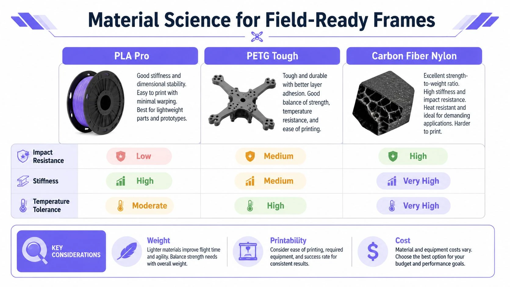 A comparison chart of 3D printing materials for drone frames including PLA Pro, PETG Tough, and Carbon Fiber Nylon.