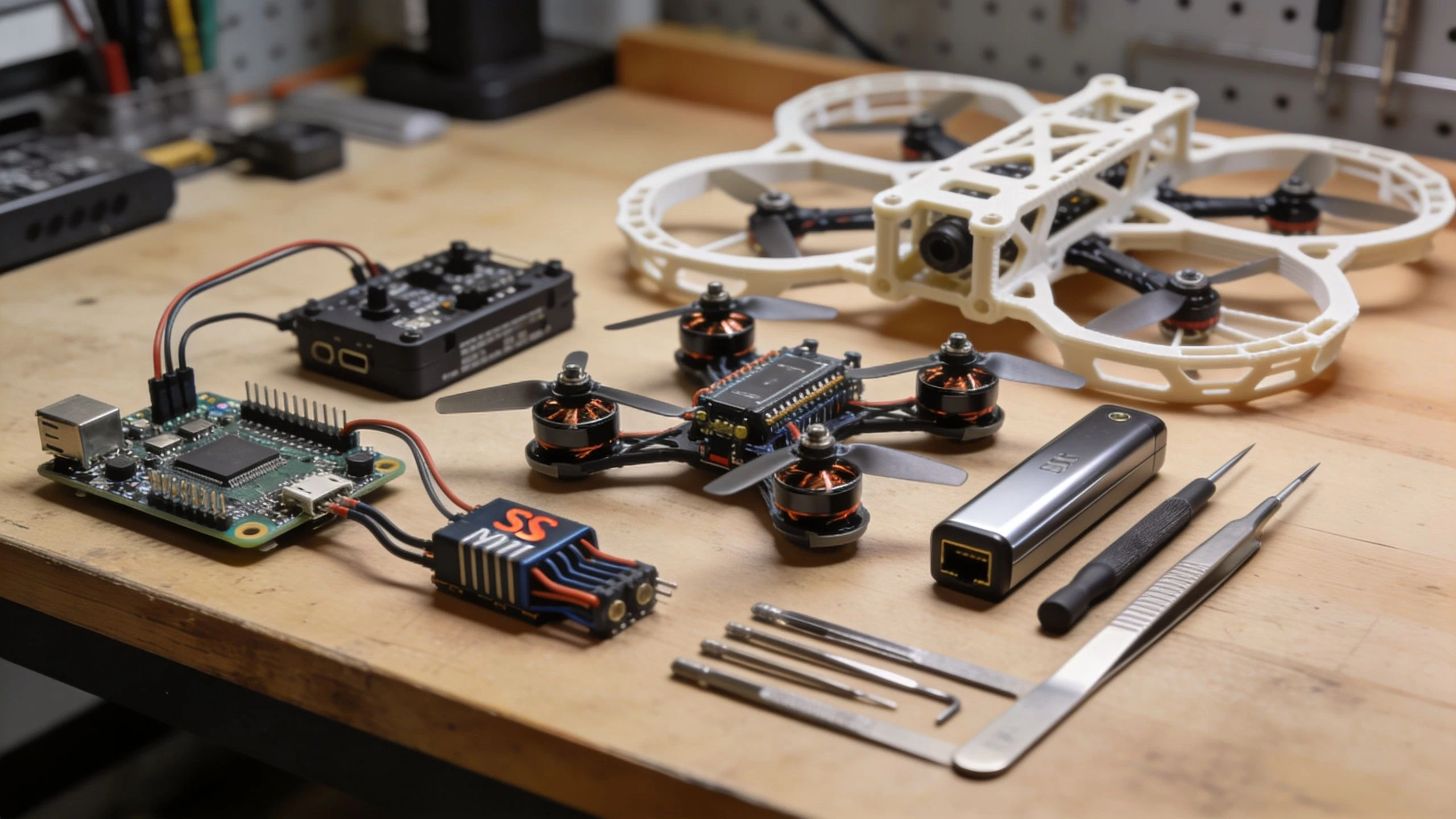 A 3D printed drone frame, an assembled FPV racing drone, and various electronic components and assembly tools.
