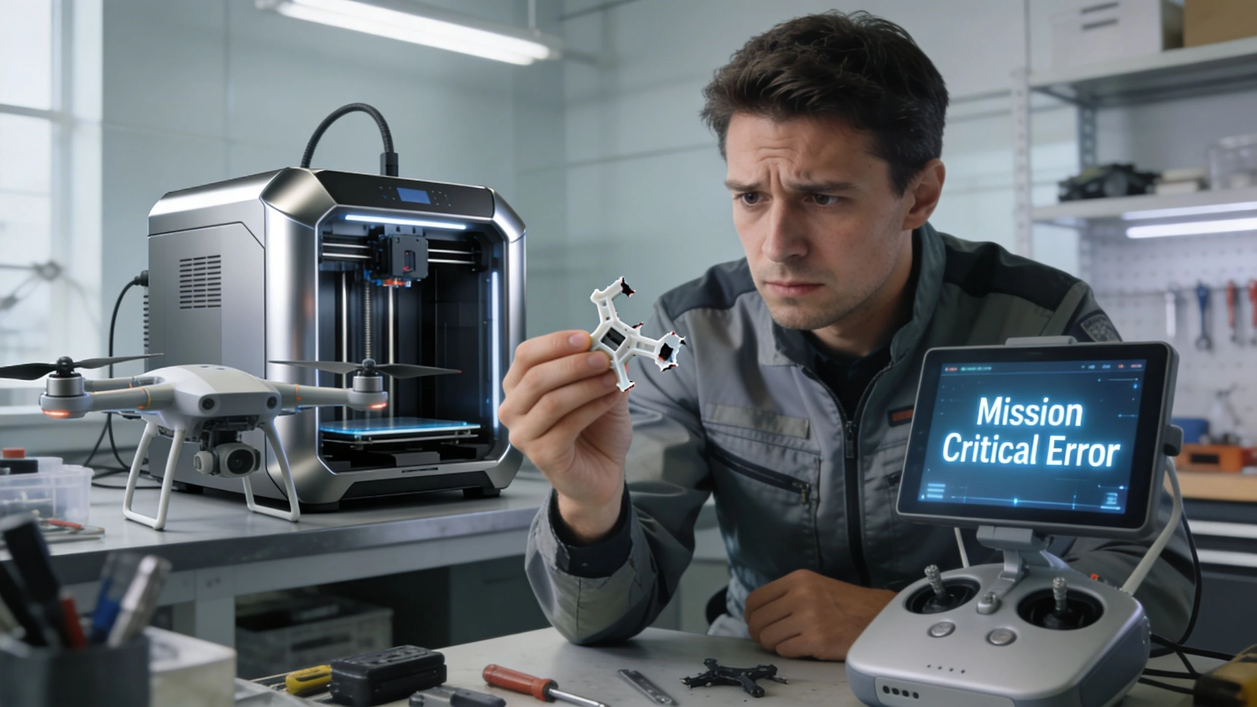 A technician examining a 3D printed drone part with a mission critical error displayed on his tablet screen.