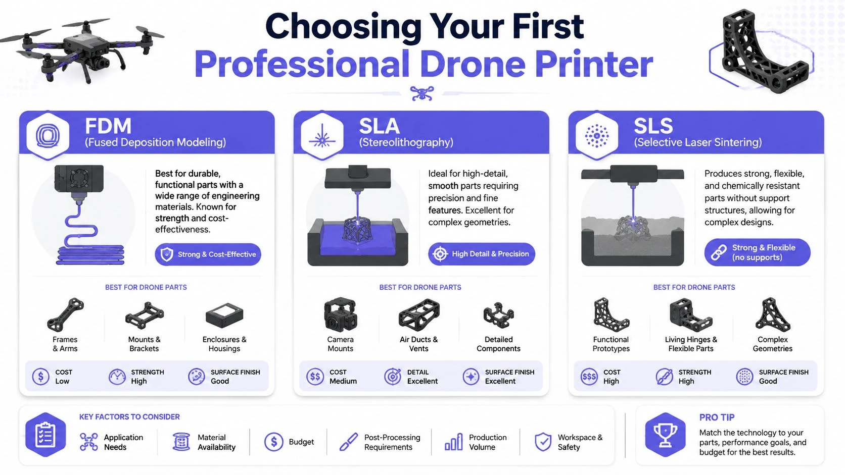 An infographic comparing 3D printing technologies FDM, SLA, and SLS for manufacturing professional drone parts.