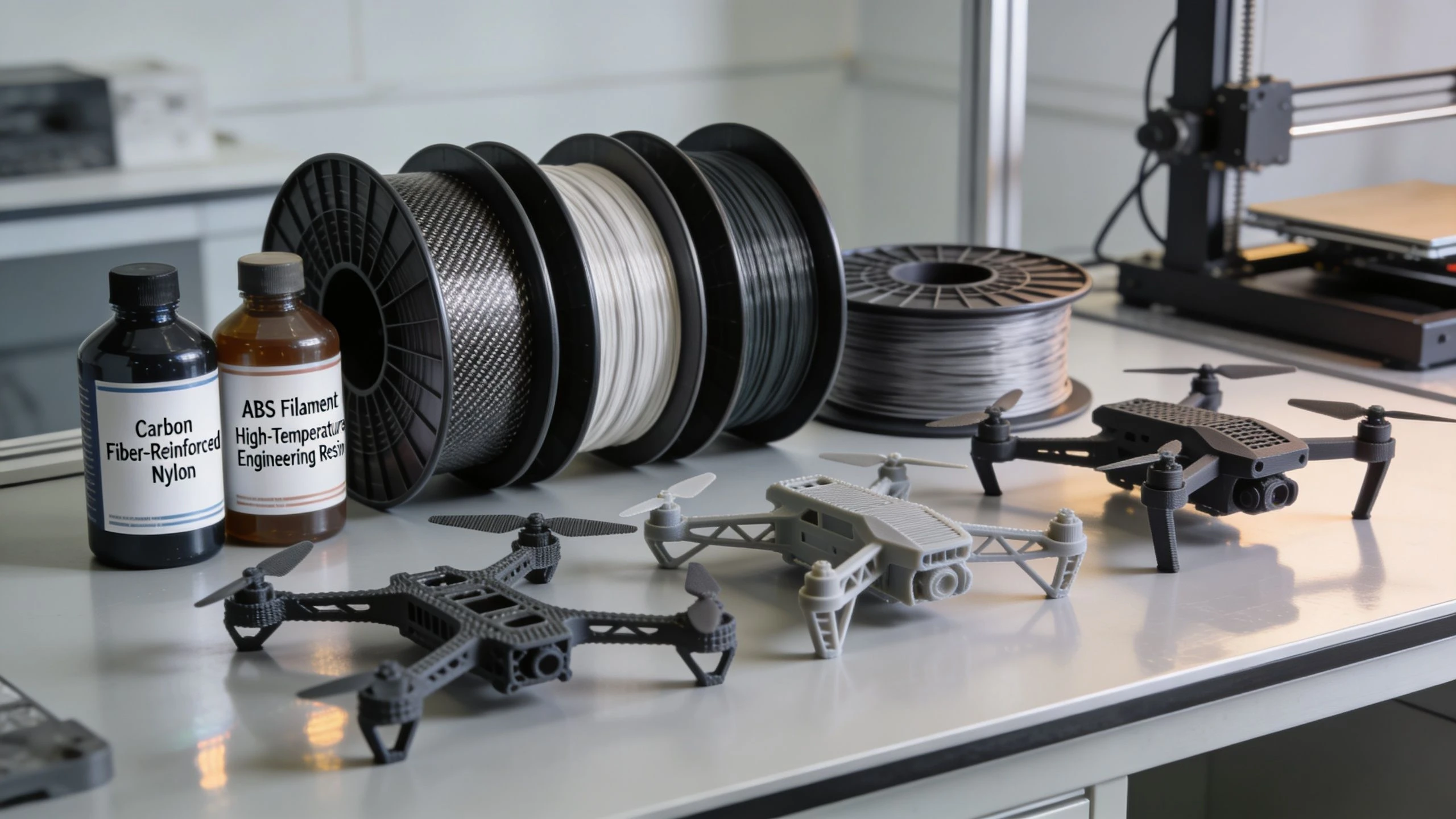 Several 3D printed drones and spools of filament arranged on a workspace table for manufacturing prototyping.