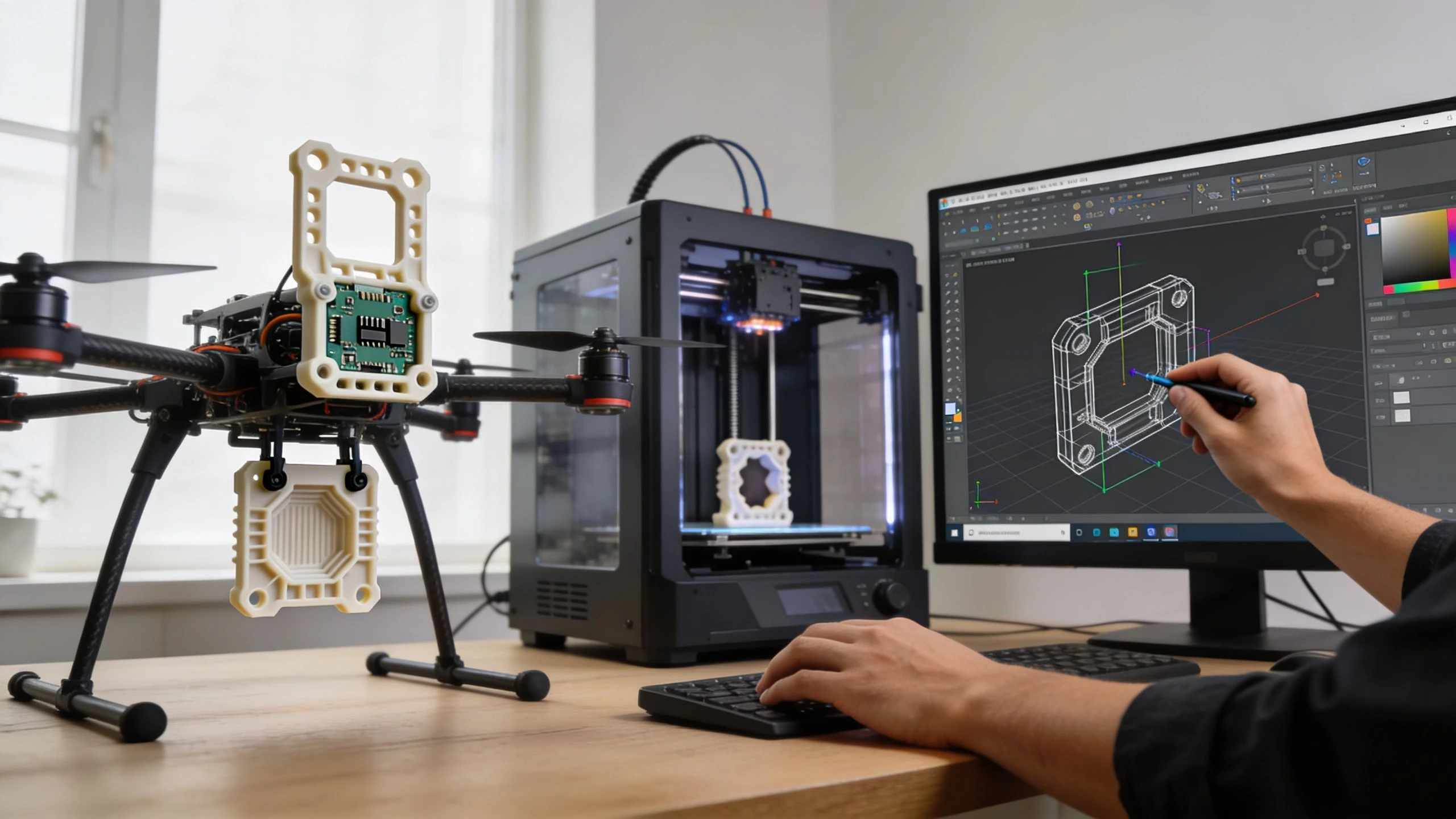 A person designing a drone part on a computer screen next to a 3D printer.