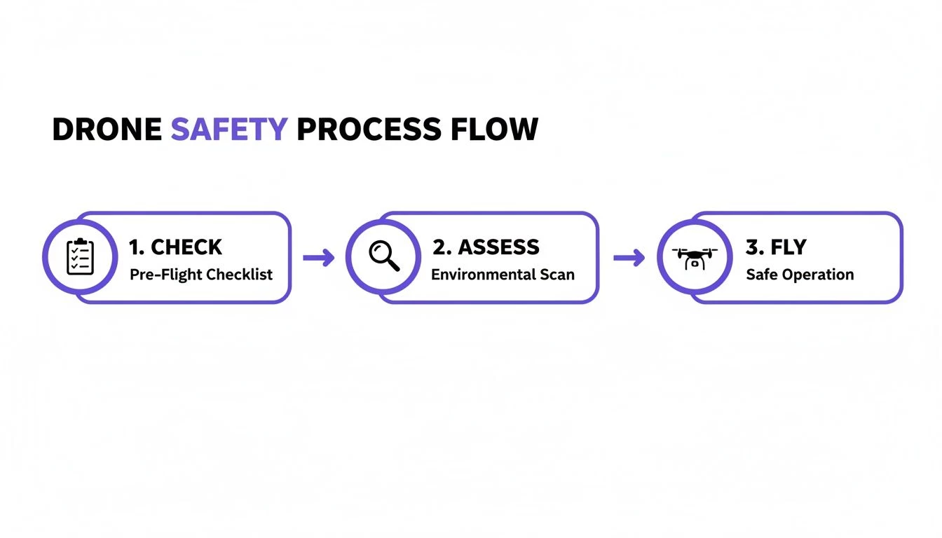 A clear flow chart detailing the three steps of a drone safety process: check, assess, and fly.