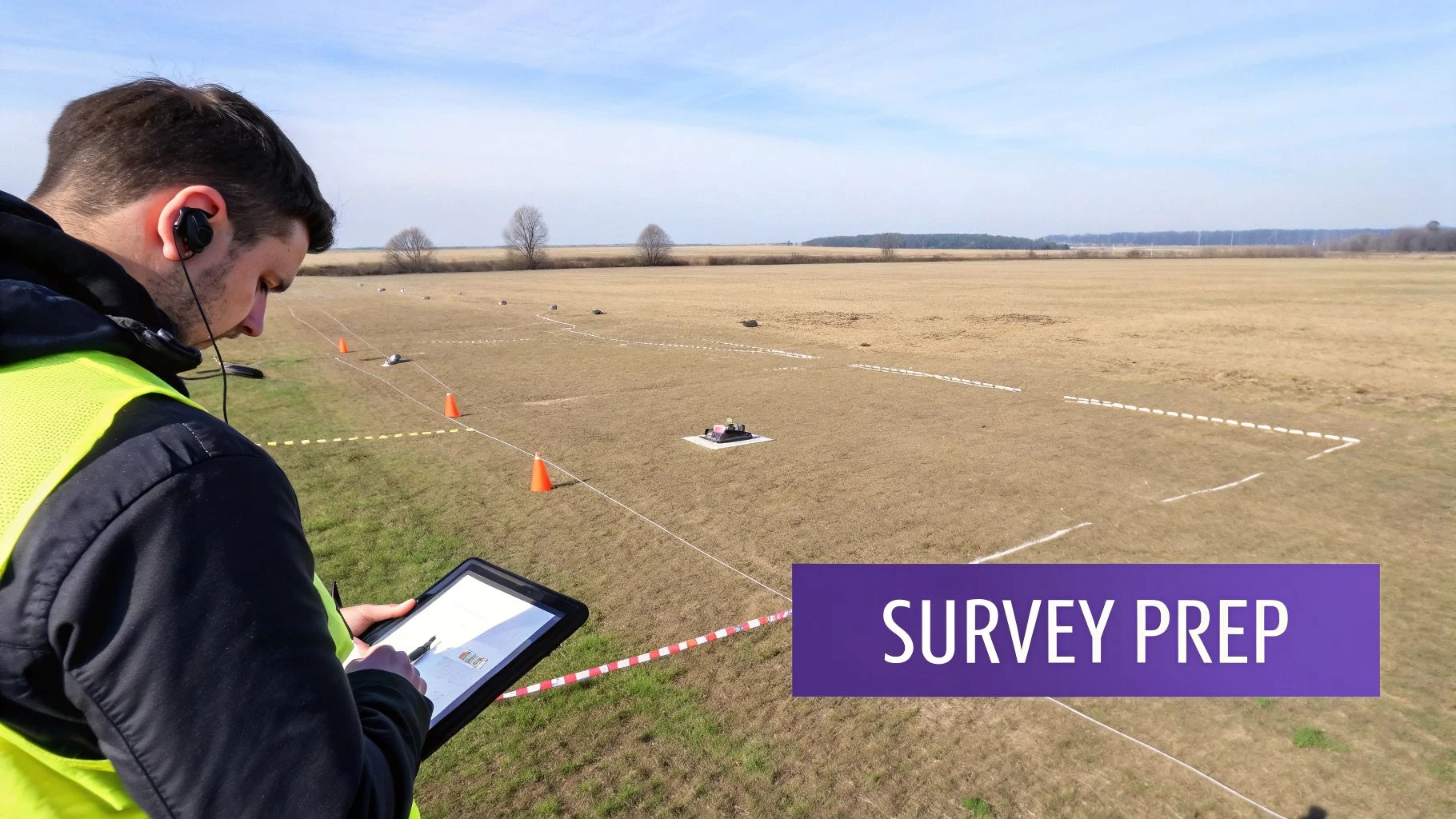 A drone pilot preparing an aerial surveying UAV for flight in a field