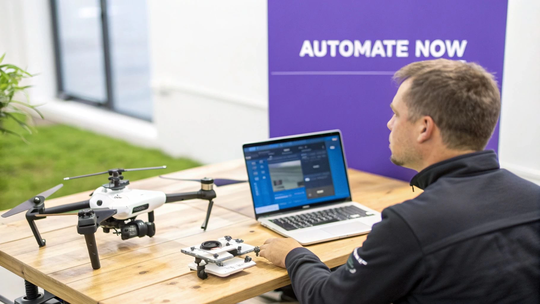 A man controlling a white drone and its controller using a laptop on a wooden desk.