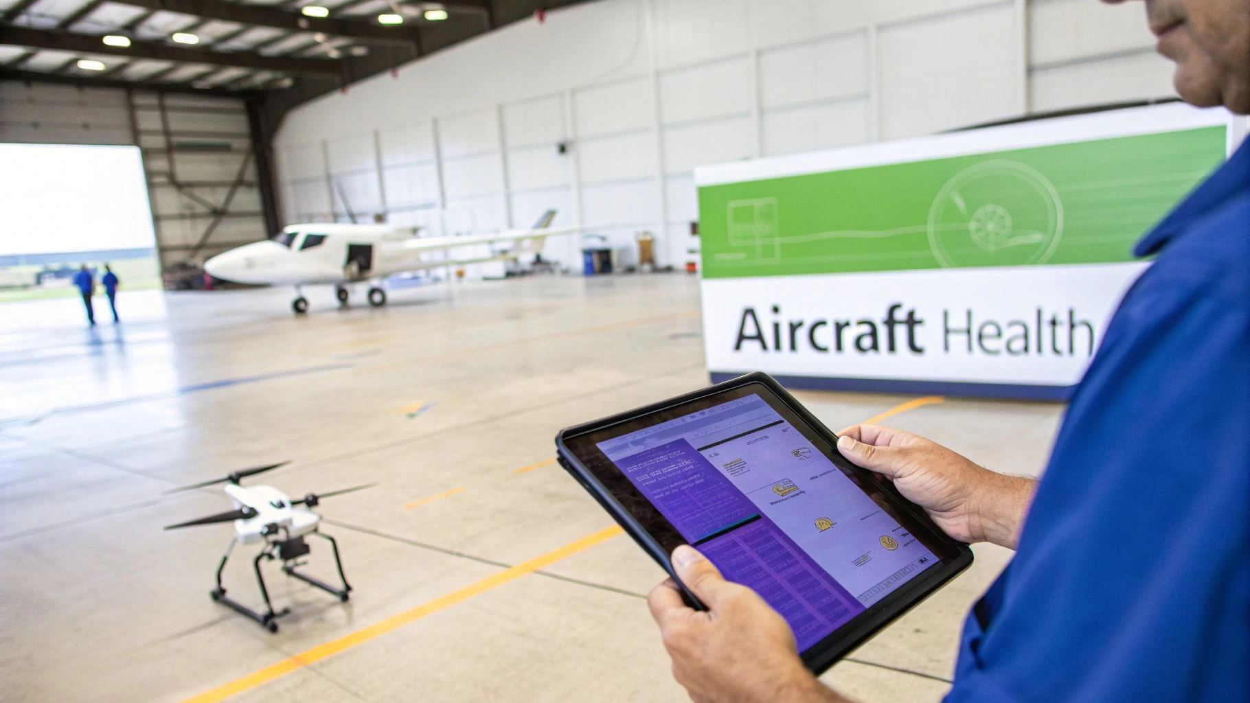 Person uses a tablet to track aircraft health near a drone and airplane in a hangar.