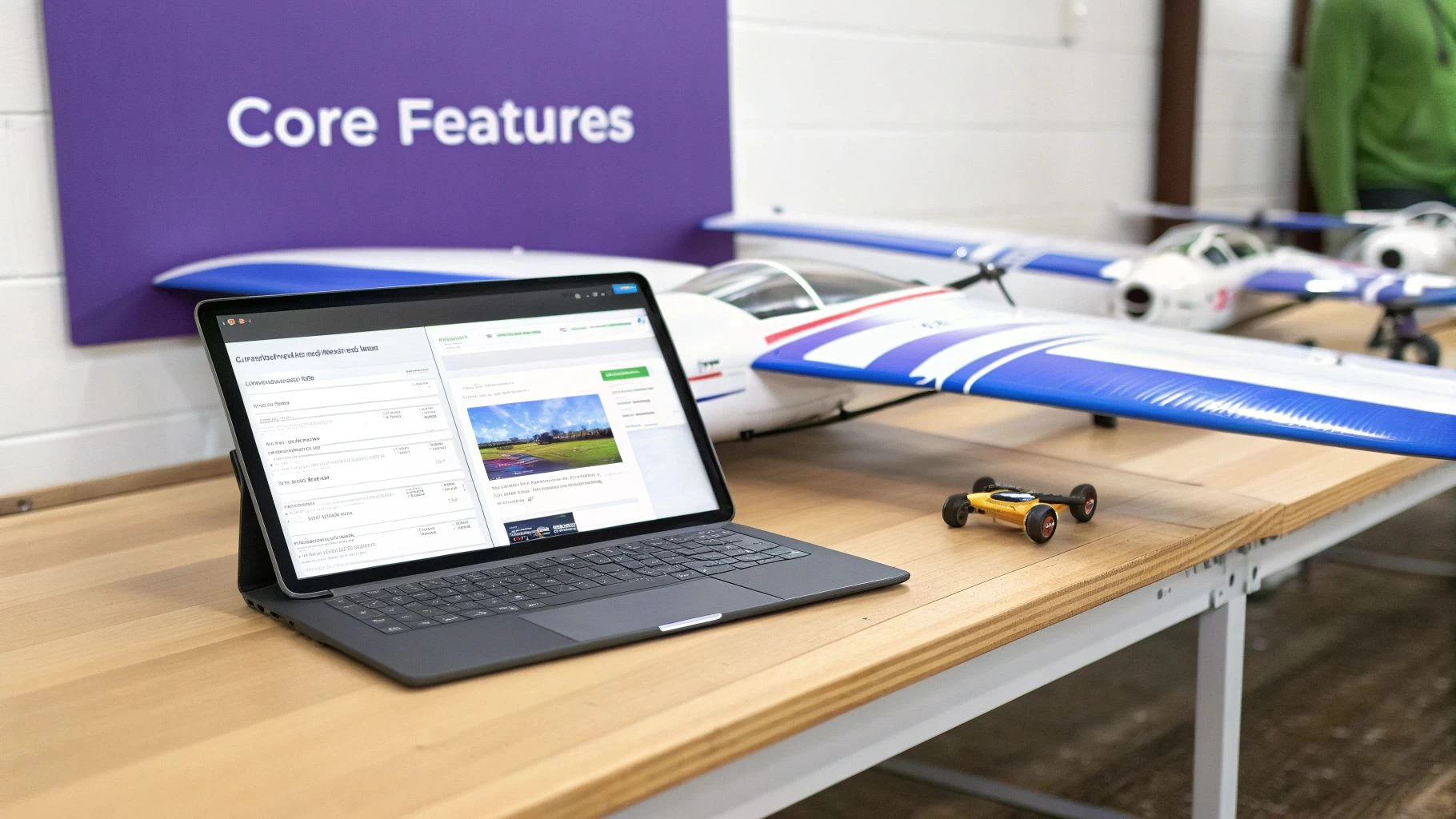 Laptop displaying software, model airplanes, and a toy car on a wooden table in a workshop.