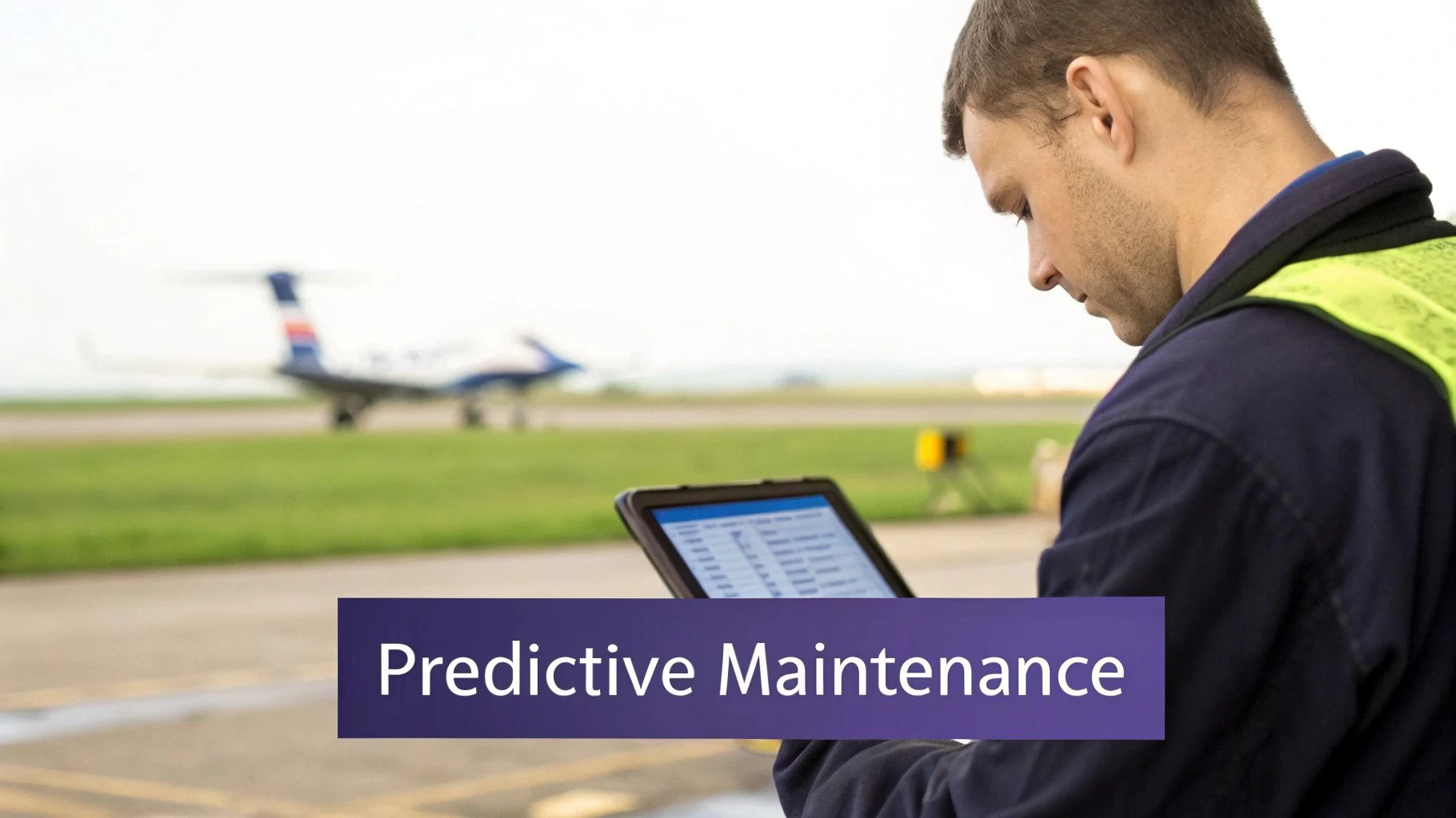 Aircraft technician in high-vis vest checks a tablet on the tarmac, with a small plane in the background and 'Predictive Maintenance' text.