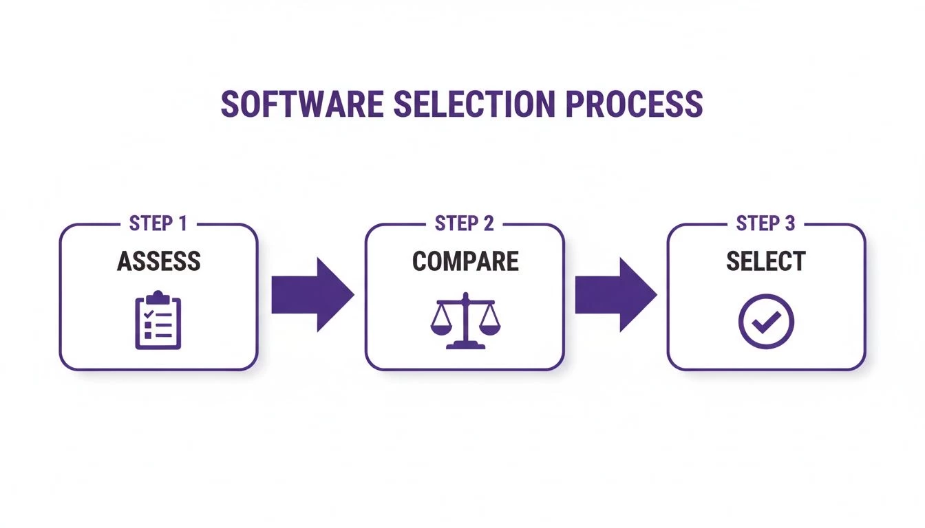 Diagram illustrating the three-step software selection process: Assess, Compare, and Select, with corresponding icons.