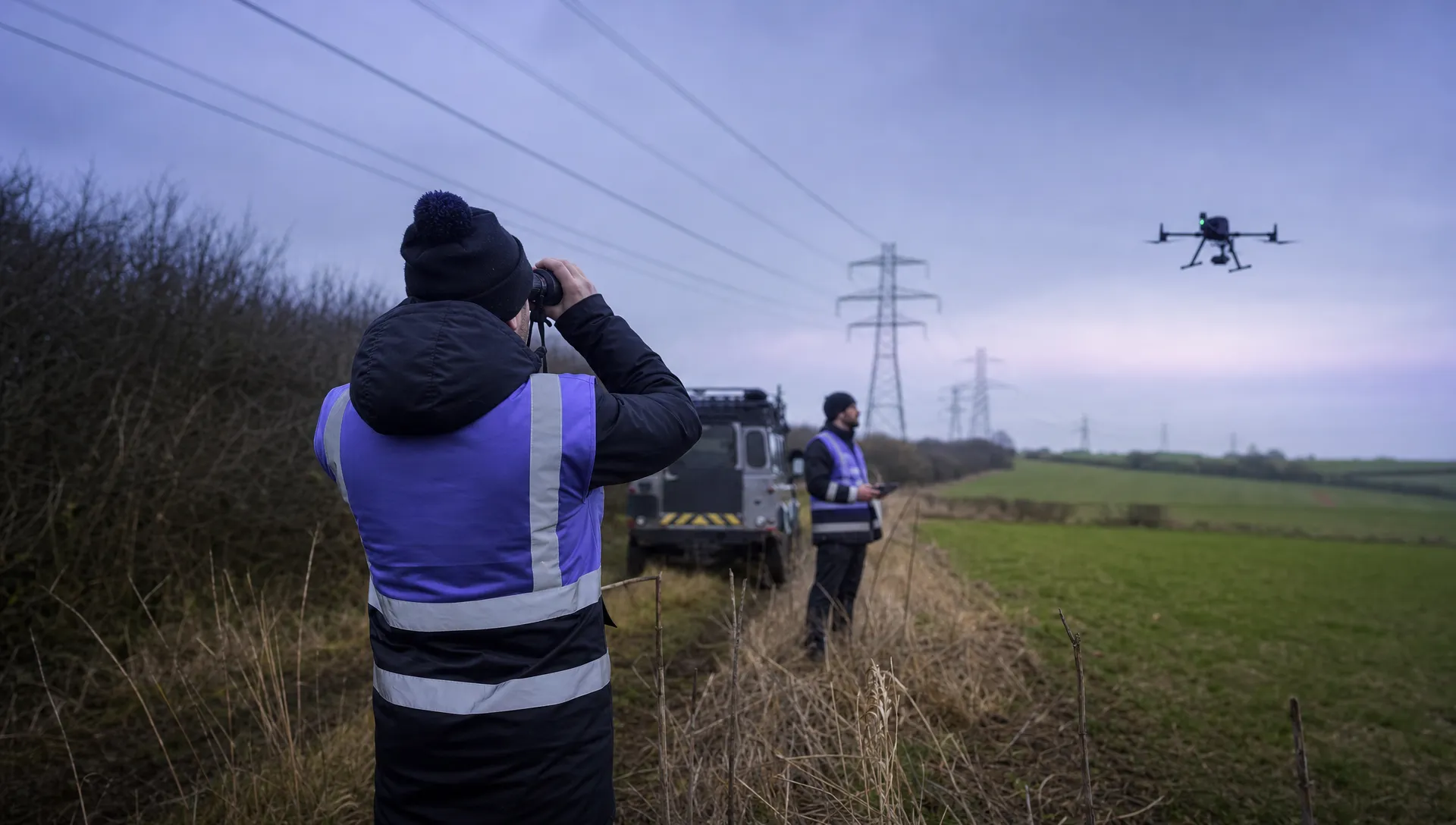 An observer scans the airspace as a BVLOS drone flies far away along a rural power-line corridor.