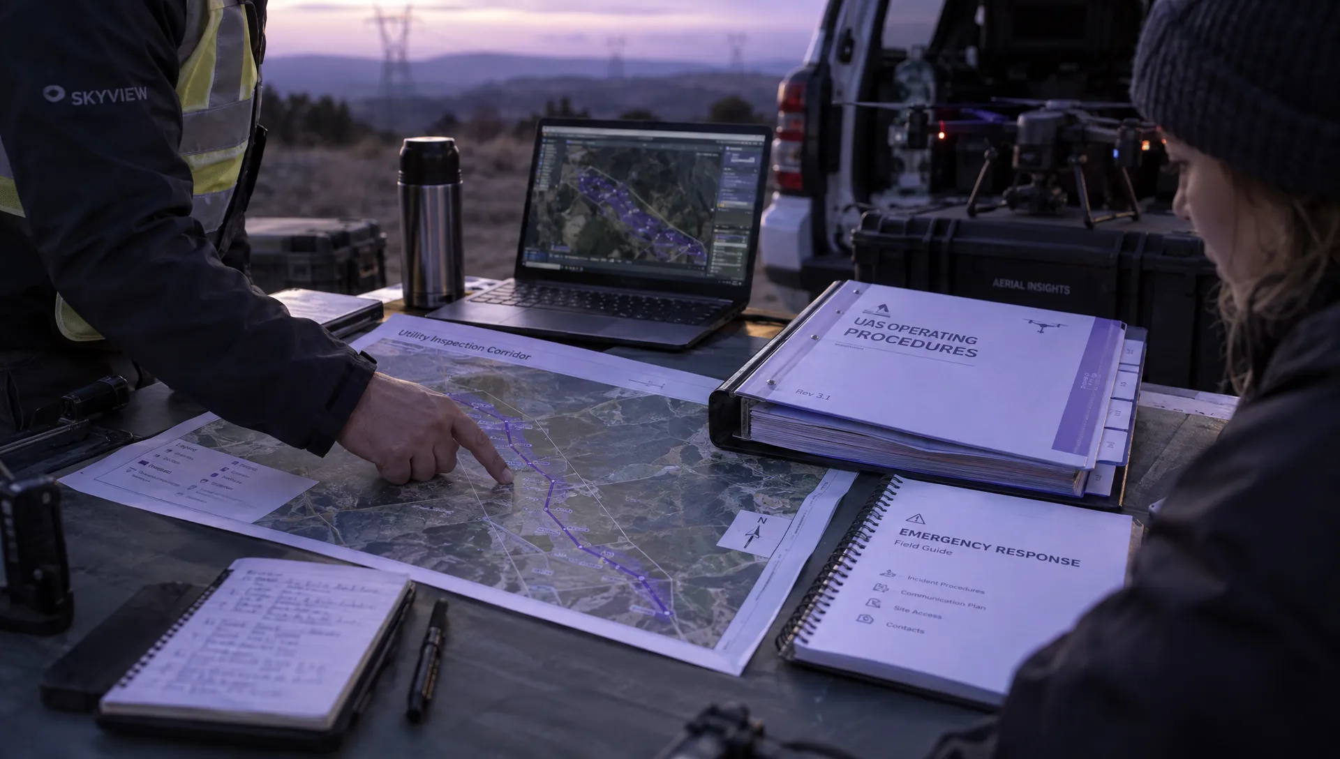 A utility inspection corridor map, operating procedure binder and emergency response notes lie together on a field planning table for a BVLOS approval request.