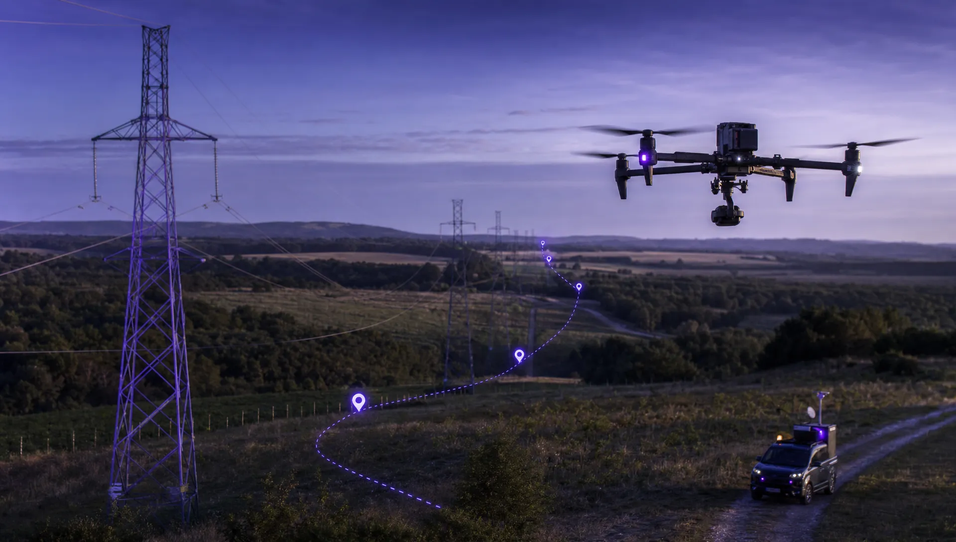 A commercial drone flying above a long powerline corridor through rural countryside, with inspection route markers and a small operations vehicle positioned safely at a distant access point.