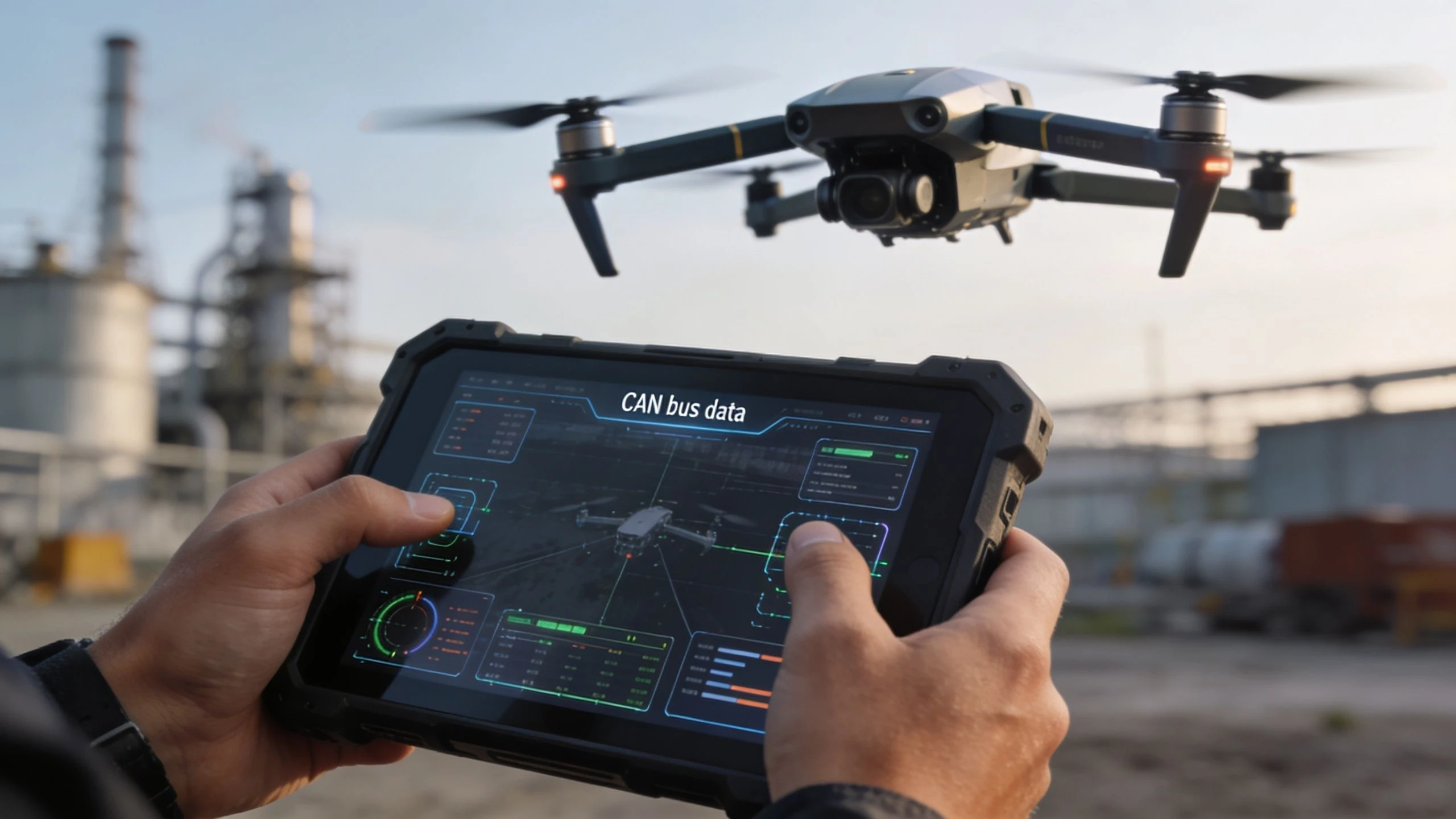 A drone operator holds a tablet displaying CAN bus data while flying a drone in an industrial area.