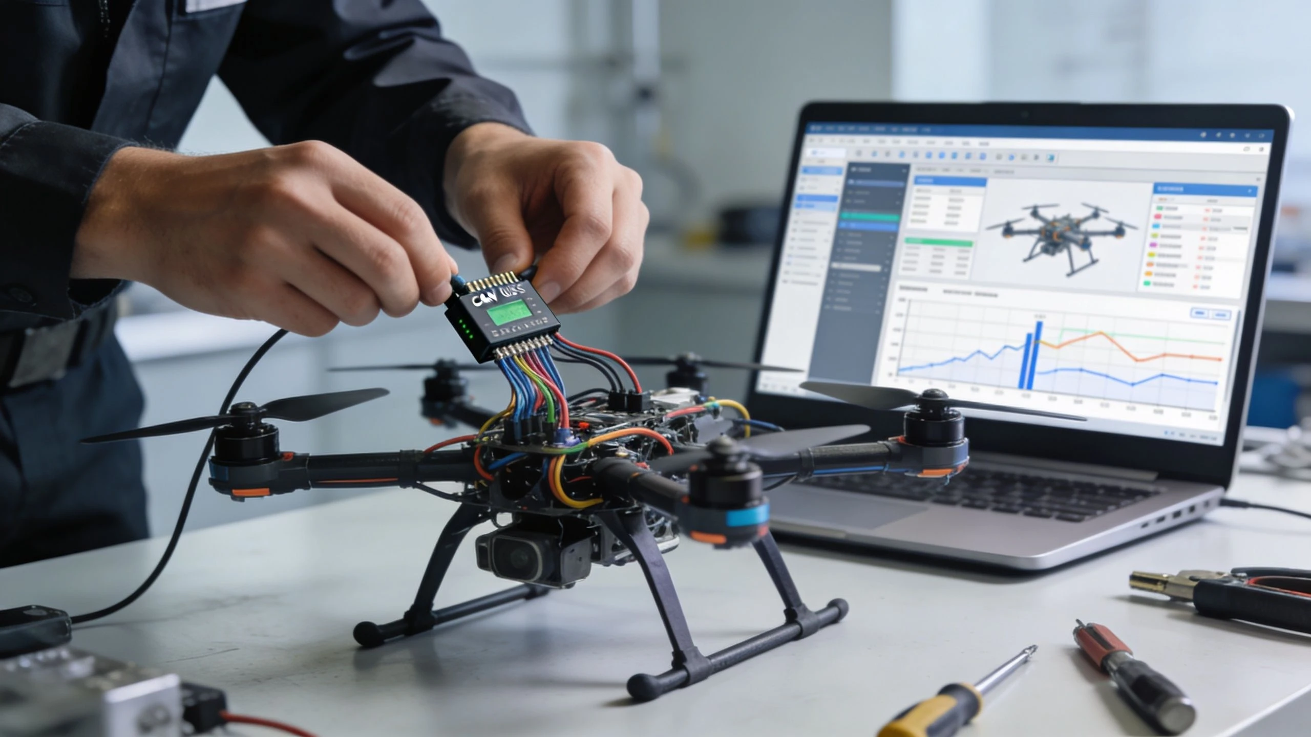 A technician calibrating a drone using a CAN bus data logger connected to a laptop running diagnostics software.