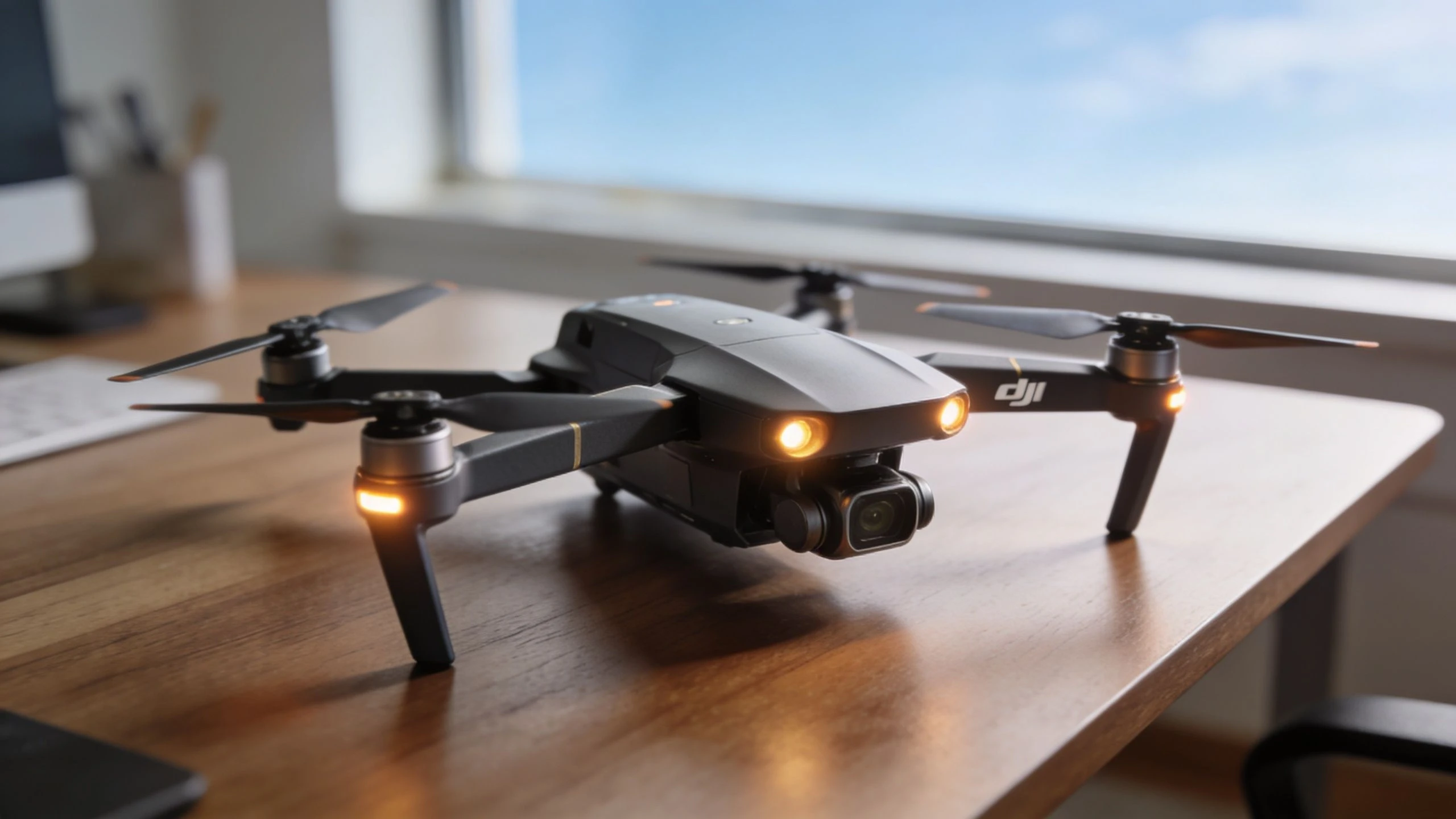 A DJI Mavic drone with illuminated lights resting on a wooden desk near a bright office window.