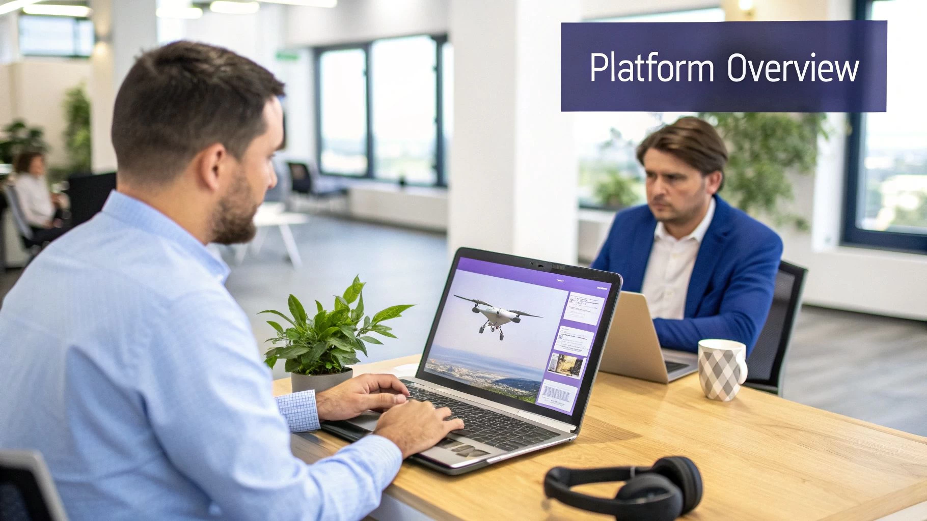 A professional drone pilot operating a drone with a tablet, showcasing the interface of a drone management platform.