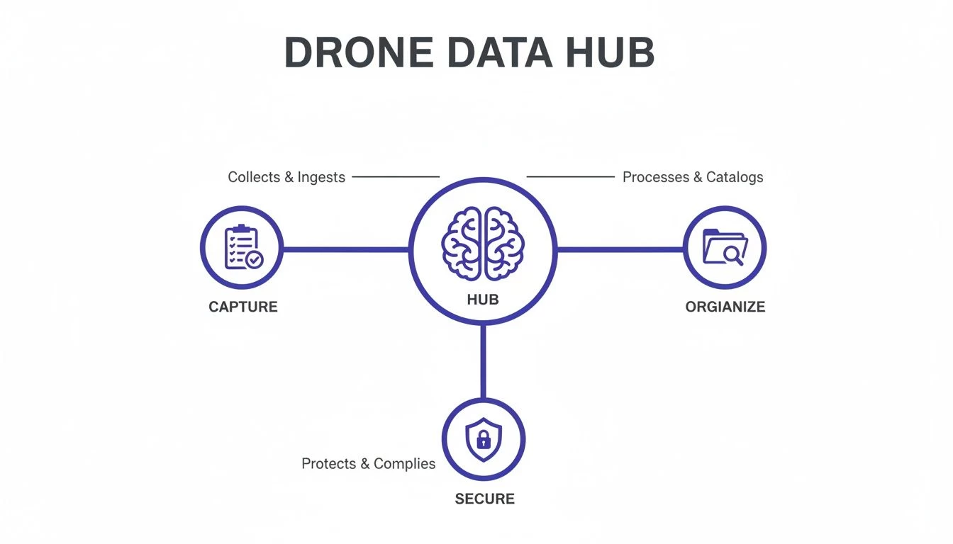 Diagram illustrating a drone data hub workflow with stages for capture, hub, organize, and secure.
