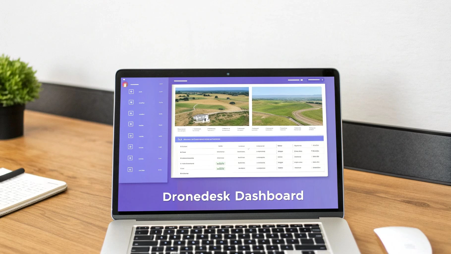 A laptop displays the Dronedesk Dashboard software with aerial images and data management tables.