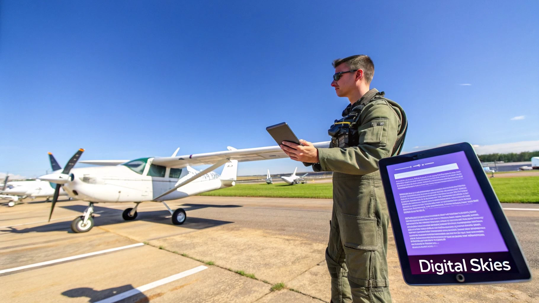 A pilot using a tablet to manage their digital pilot logbook in the cockpit, with the sunset visible through the window.