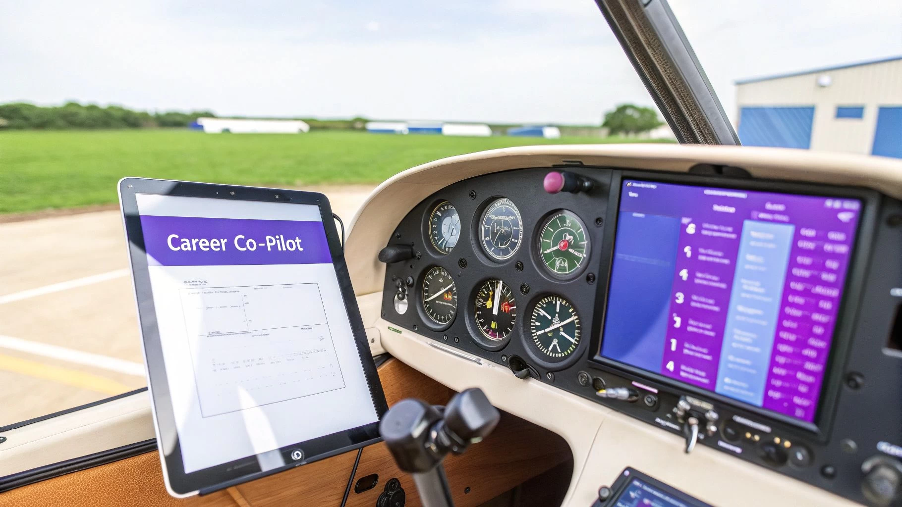 A co-pilot in uniform reviewing flight data on a tablet in the cockpit, illustrating the supportive role of a digital logbook.