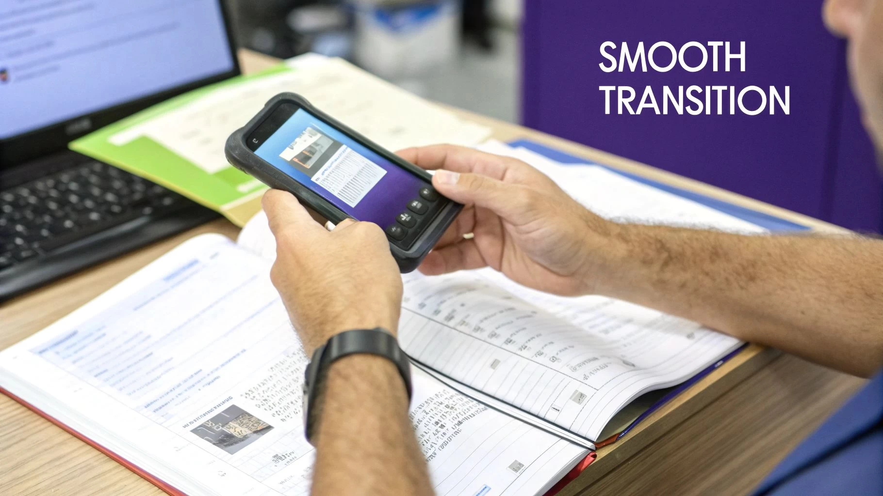 A pilot in uniform carefully transcribing data from an old paper logbook to a new digital version on a tablet.