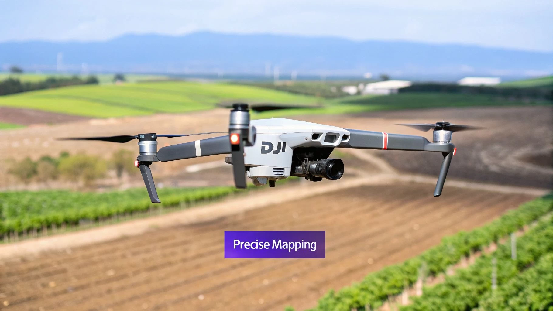 A DJI drone flying over a construction site for mapping purposes