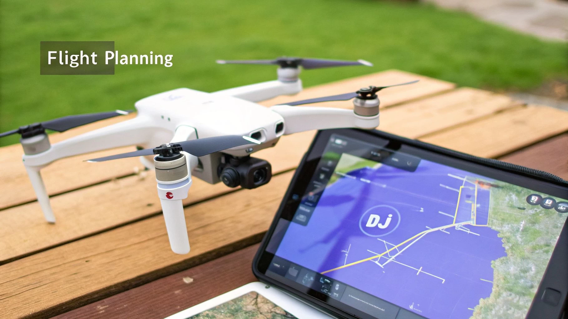 A DJI drone in mid-flight during a mapping mission, with a clear blue sky in the background.
