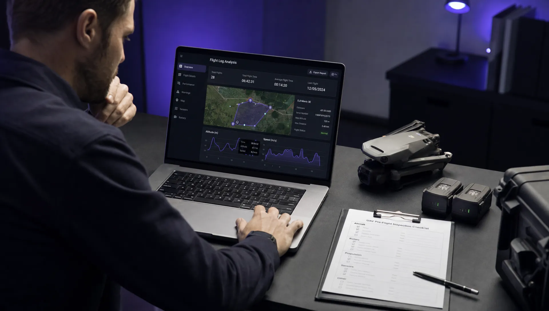 A drone operations analyst reviews DJI flight log analysis on a laptop with batteries and an inspection checklist beside it.