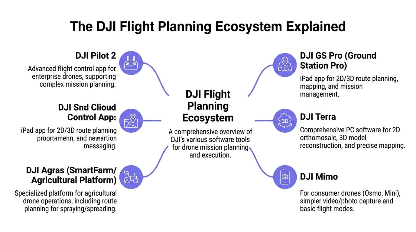 A diagram illustrating the DJI flight planning ecosystem with various software tools for drone mission management.