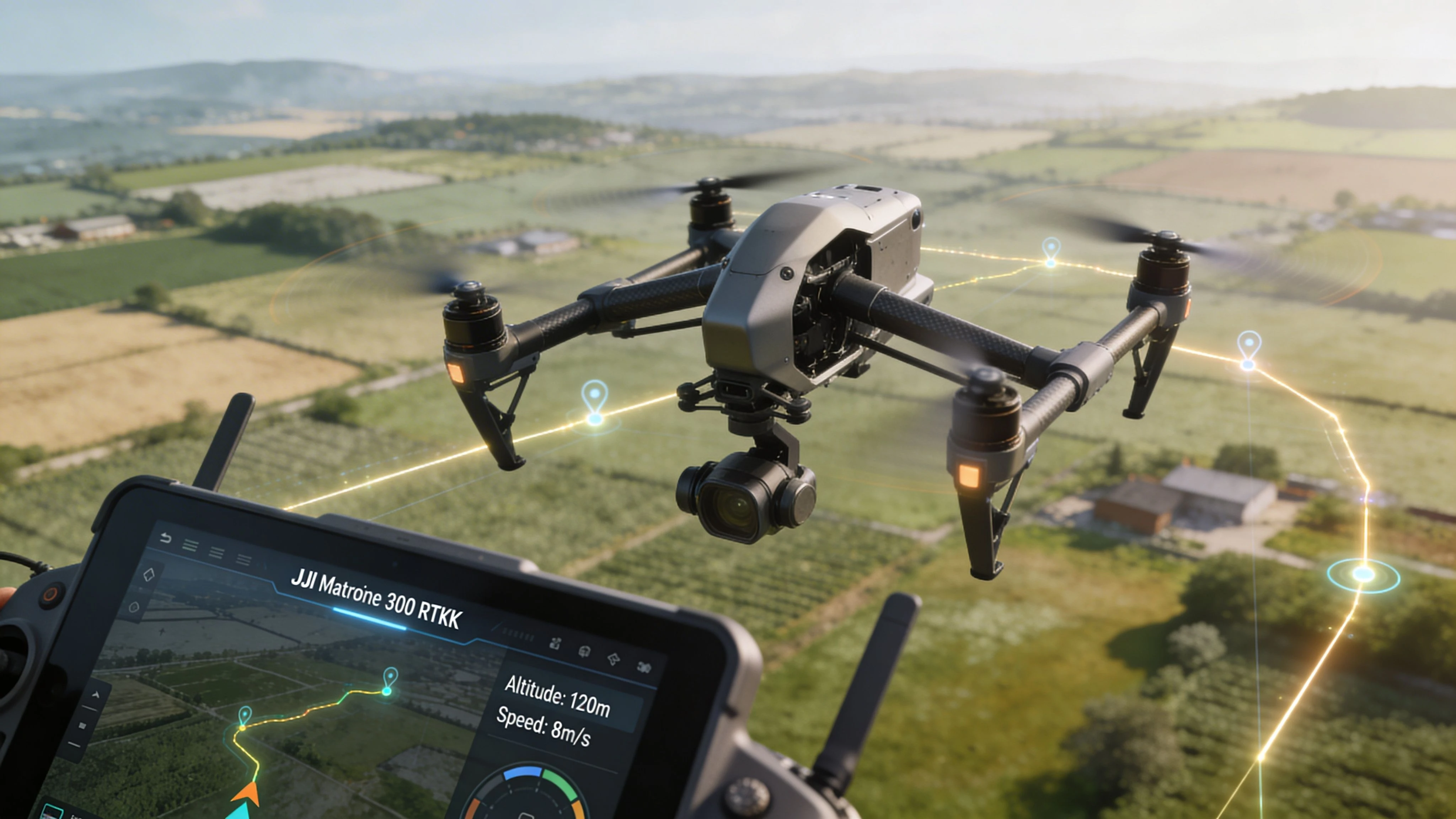 A drone controller displays real-time flight telemetry while a professional quadcopter drone flies over farmland.