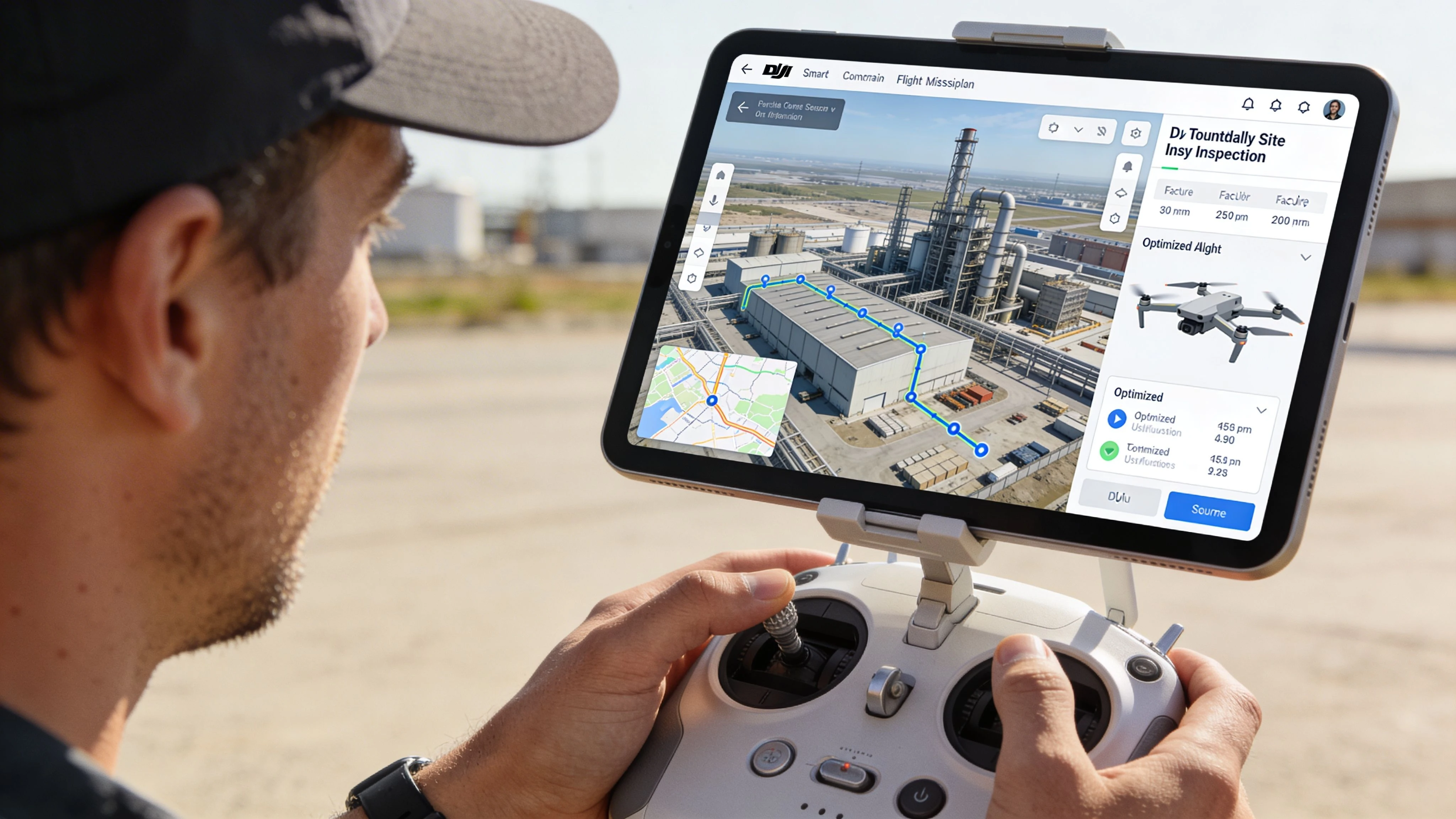 A drone pilot using a remote controller with a tablet displaying a 3D flight mission planning software.