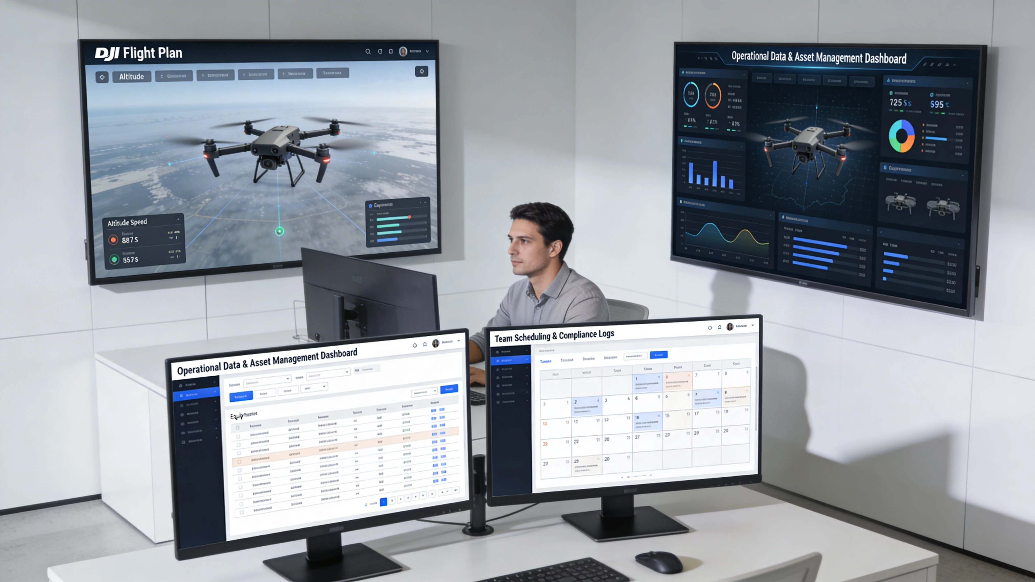 A professional analyst monitors multiple drone flight dashboards and scheduling data in a modern office environment.