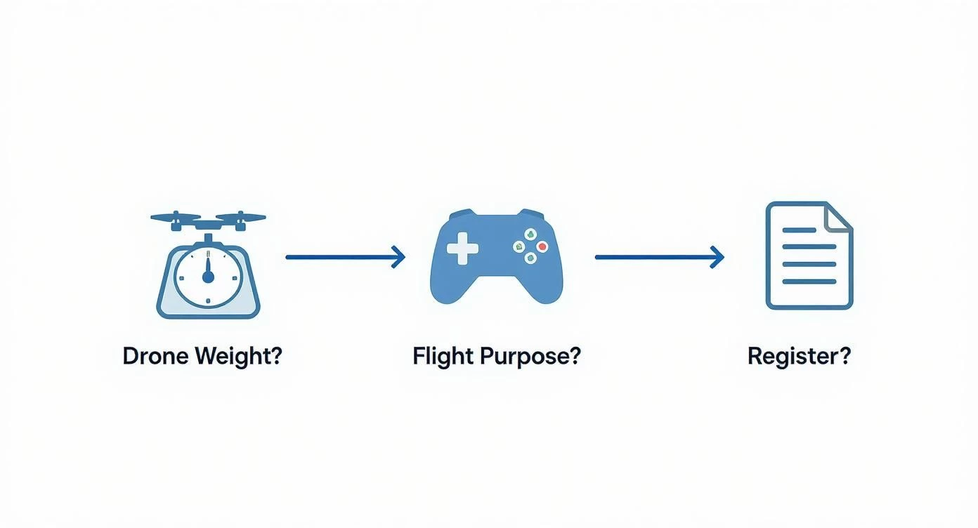 Infographic showing the decision-making process for drone registration based on weight and flight purpose.
