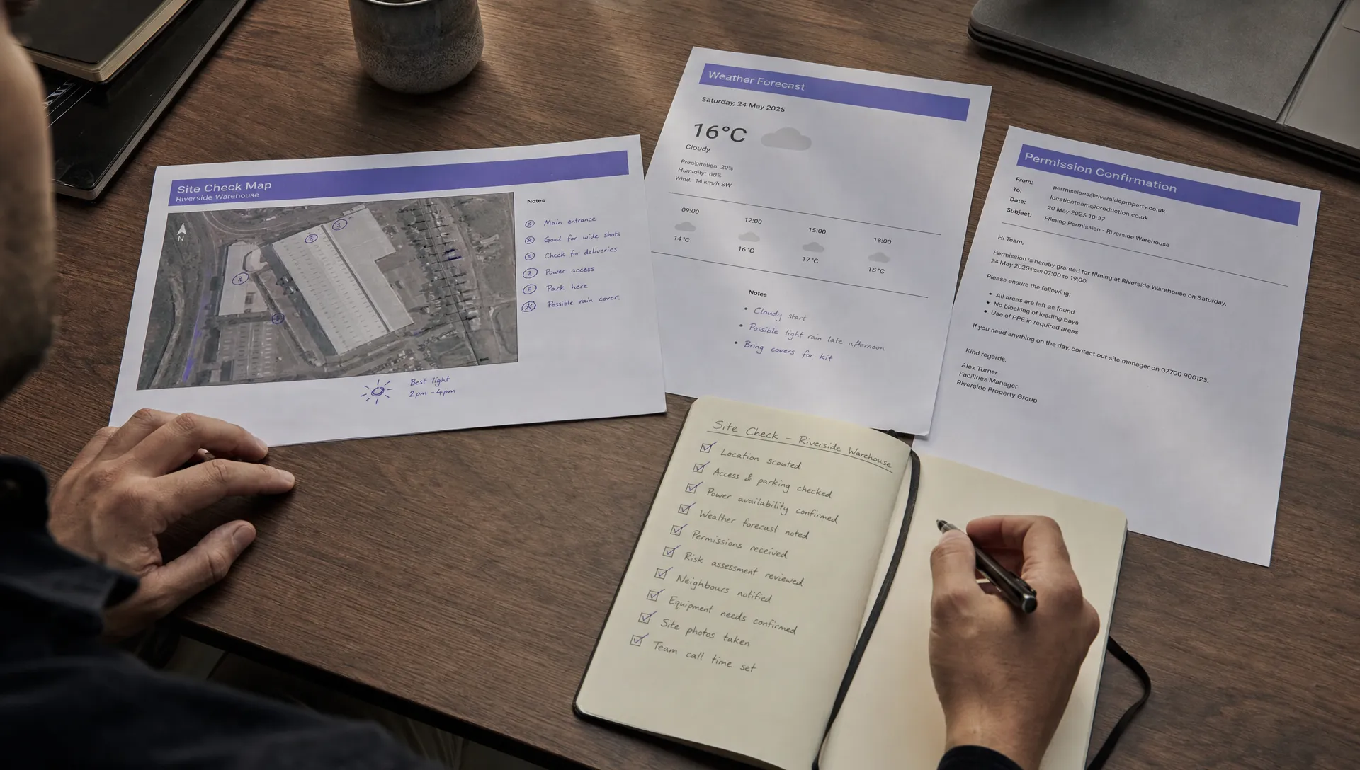 A site-check evidence pack shows an annotated map, weather notes, a permission email and a completed checklist on a desk.