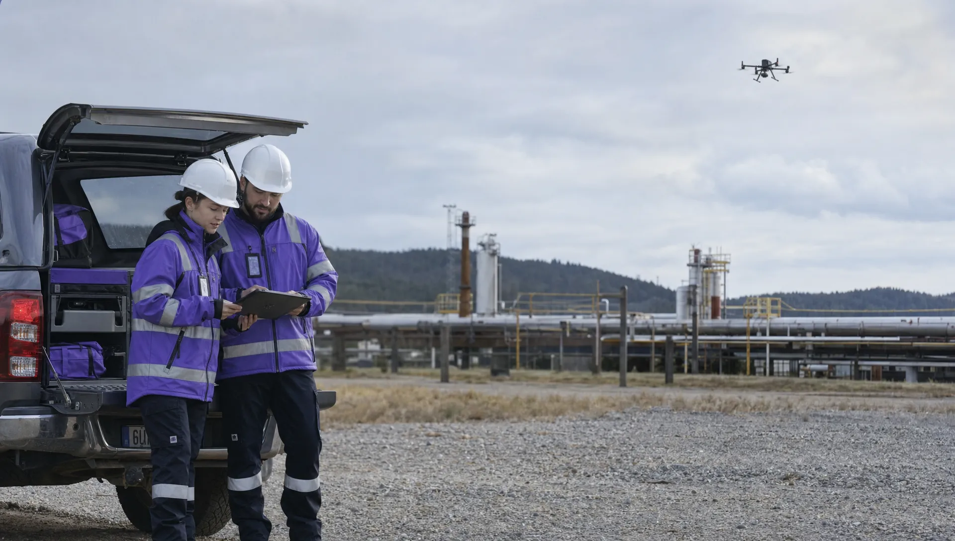 A utility inspection team reviews a drone checklist beside a service vehicle in an industrial site while a DJI Matrice 350 RTK flies far beyond the work area.