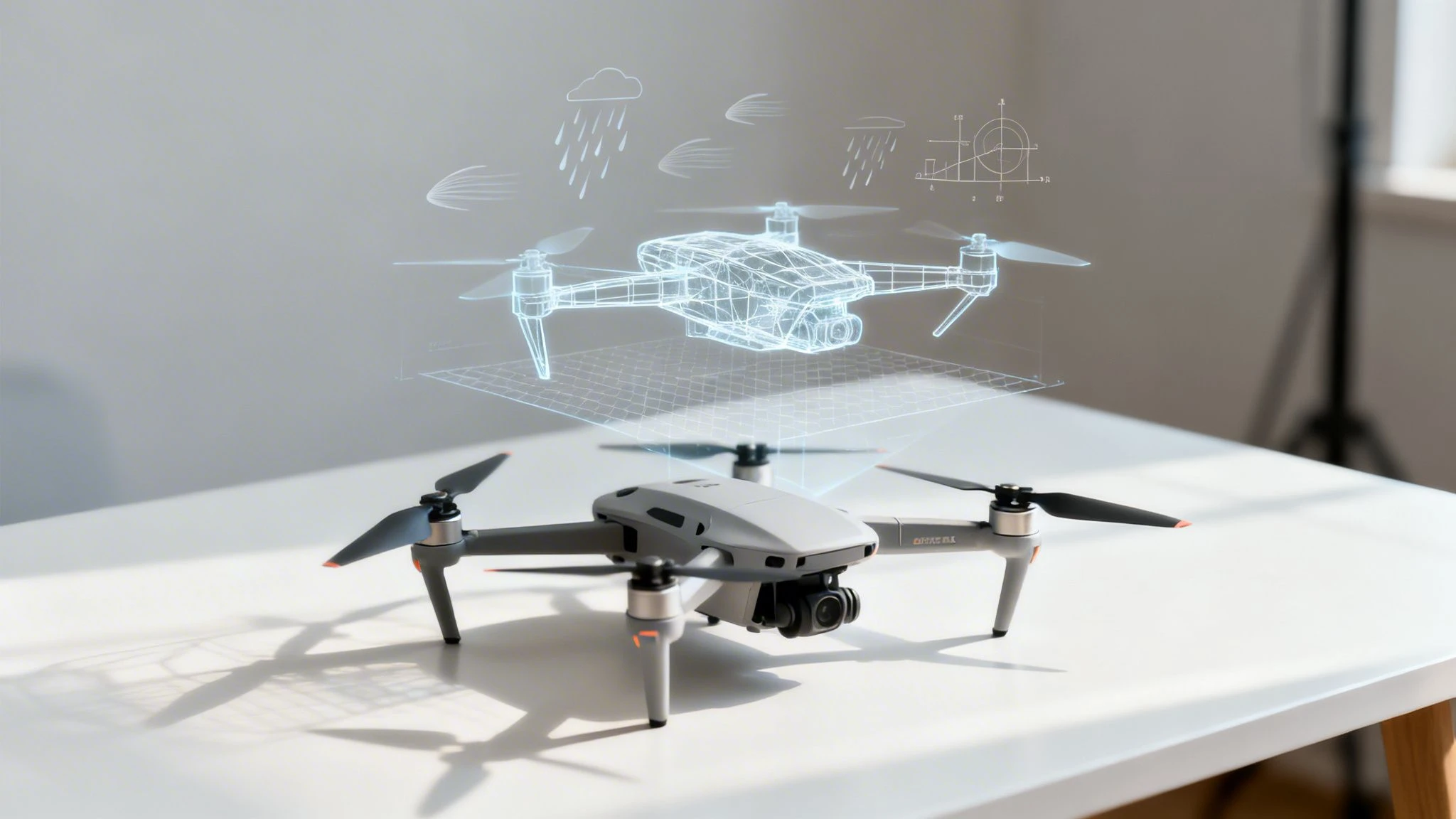 A grey drone sits on a white table with a holographic 3D model and weather data projected above it.