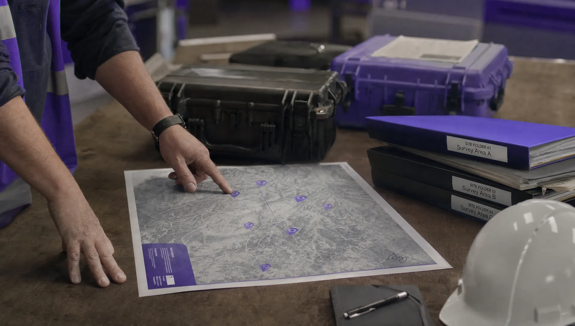A printed map marks several survey locations beside separate site folders and closed protective equipment cases on a planning table.